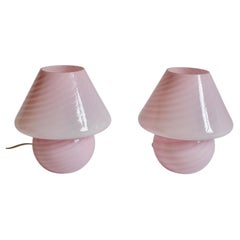 Pair of Pink Glass Swirl Murano Mushroom Table Lamps, 1970s