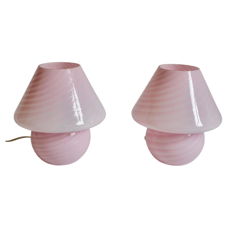 Pair of Pink Glass Swirl Murano Mushroom Table Lamps, 1970s For Sale