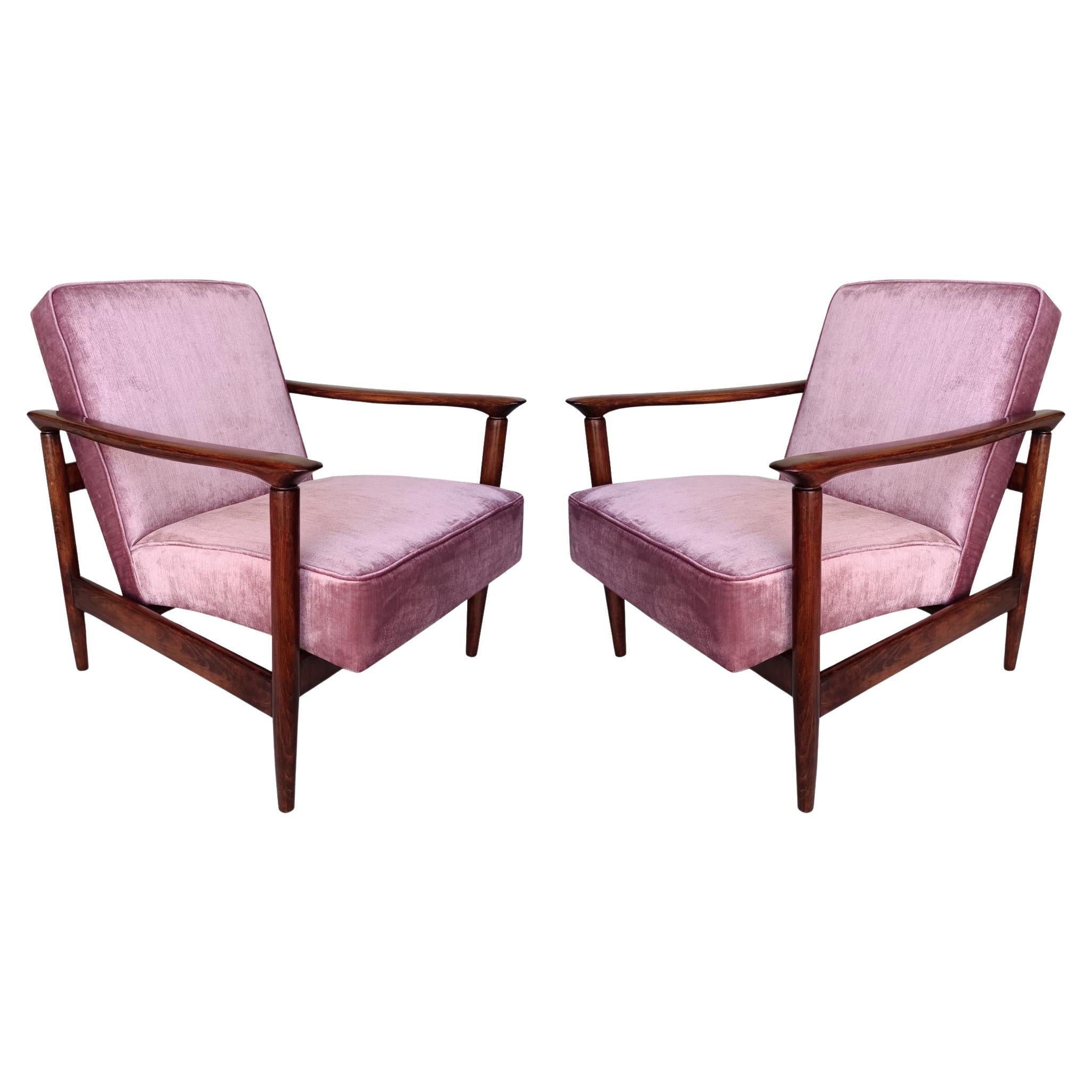 Pair of Pink Glossy Velvet Armchairs, Designed by Edmund Homa, Europe, 1960s.
