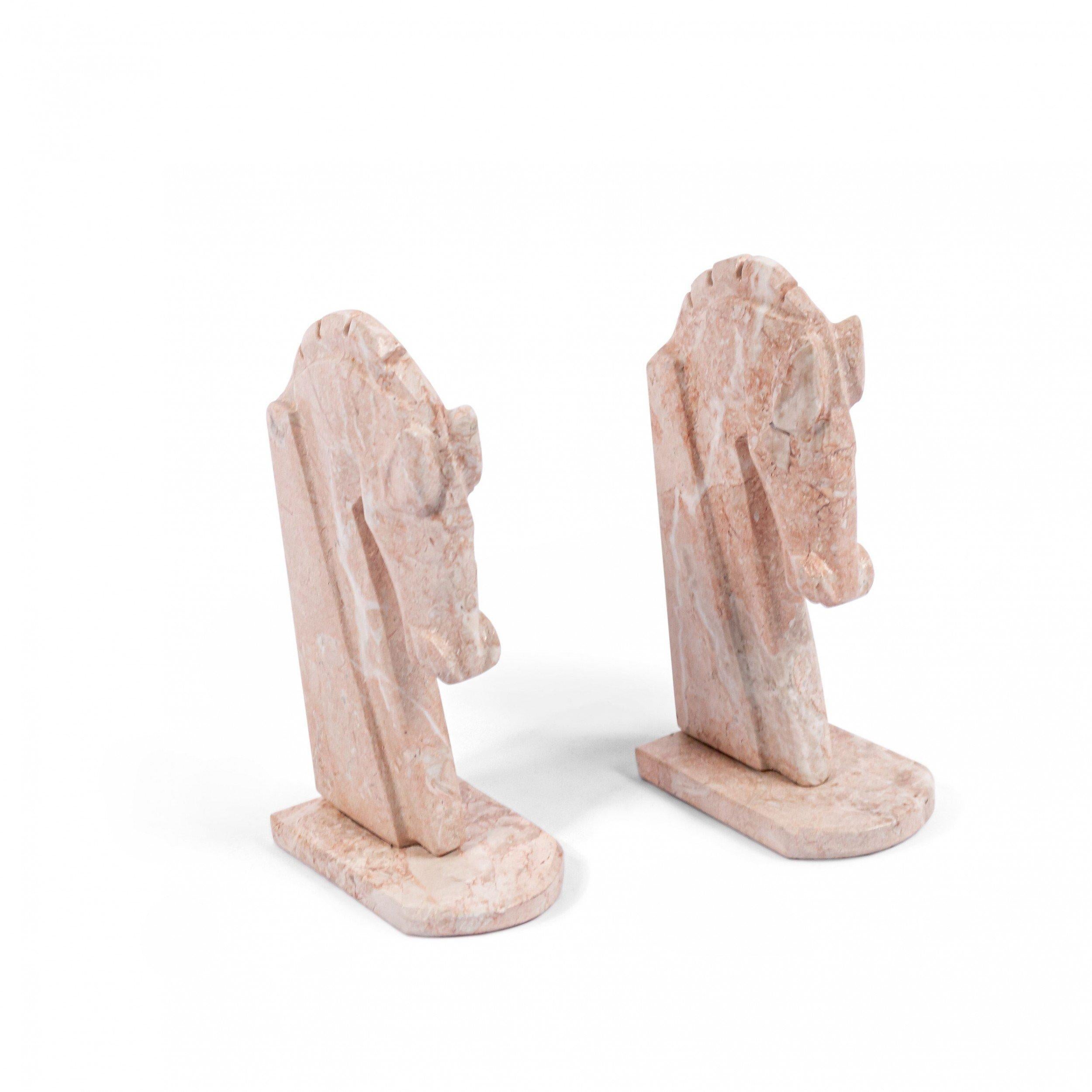 Pair of Pink Hardstone Midcentury Horse Bookends 2