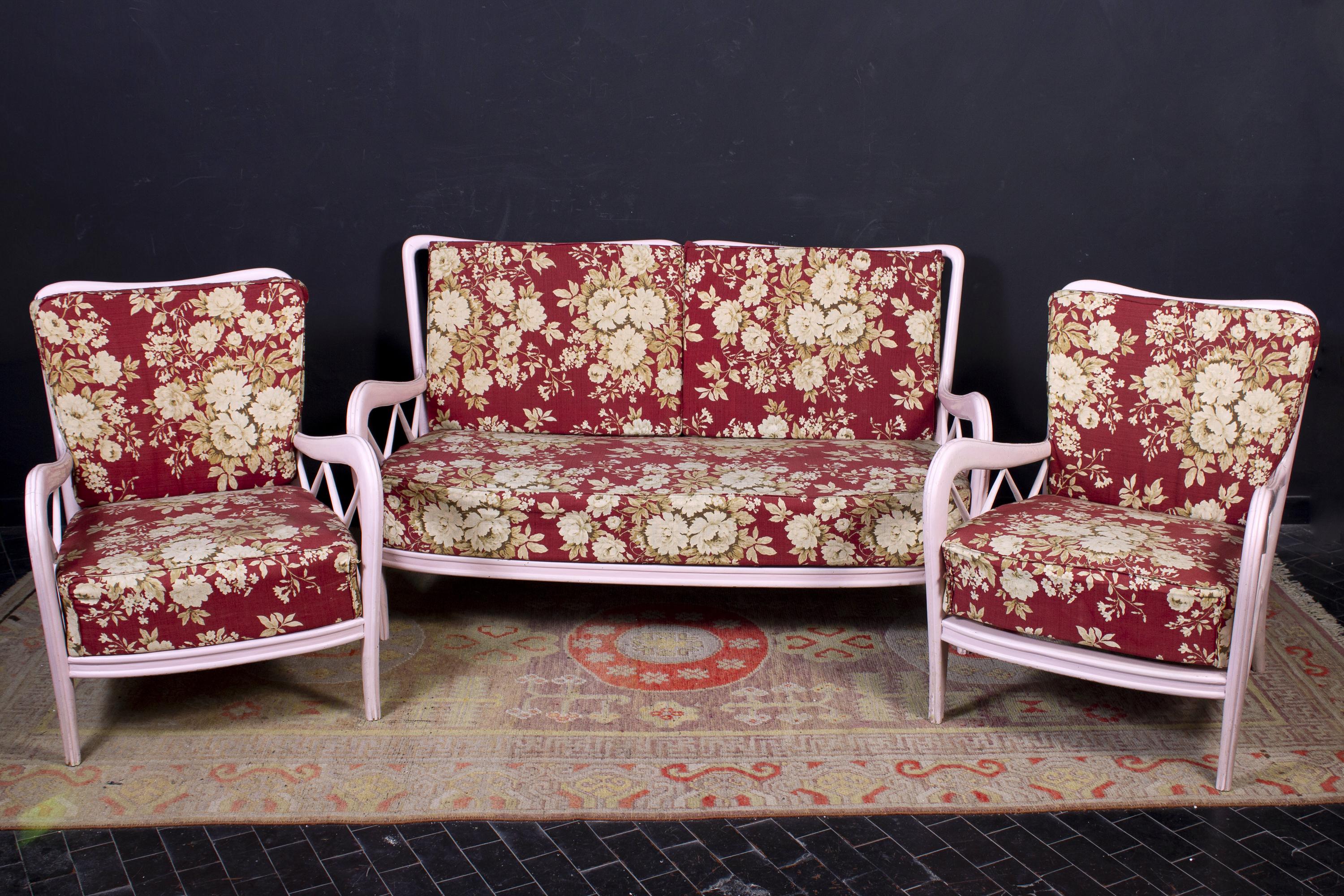 Paire de fauteuils et canapés italiens roses de style Paolo Buffa, années 1950 en vente 5