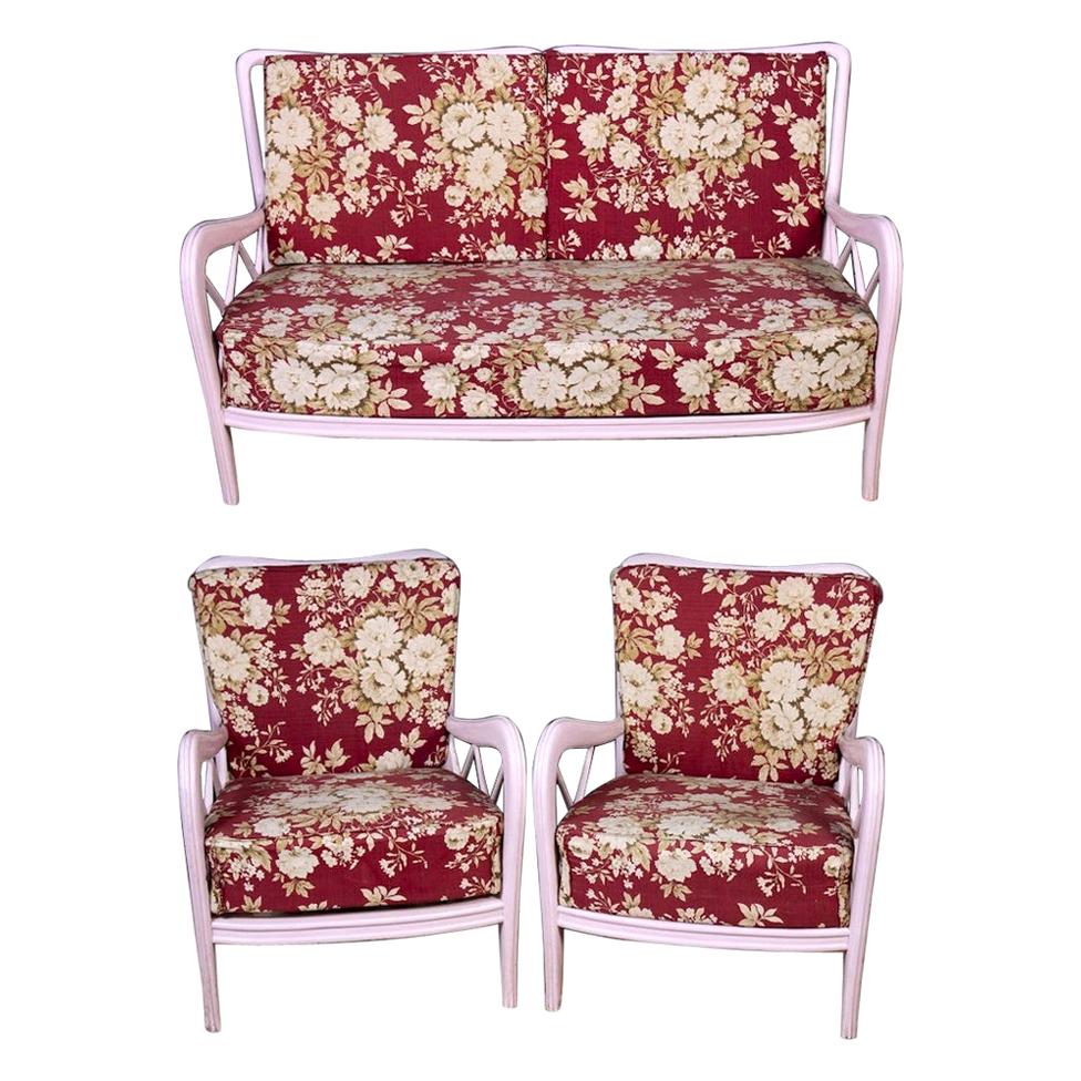 Pair of Pink Italian Armchairs and Sofa Paolo Buffa Style, 1950s