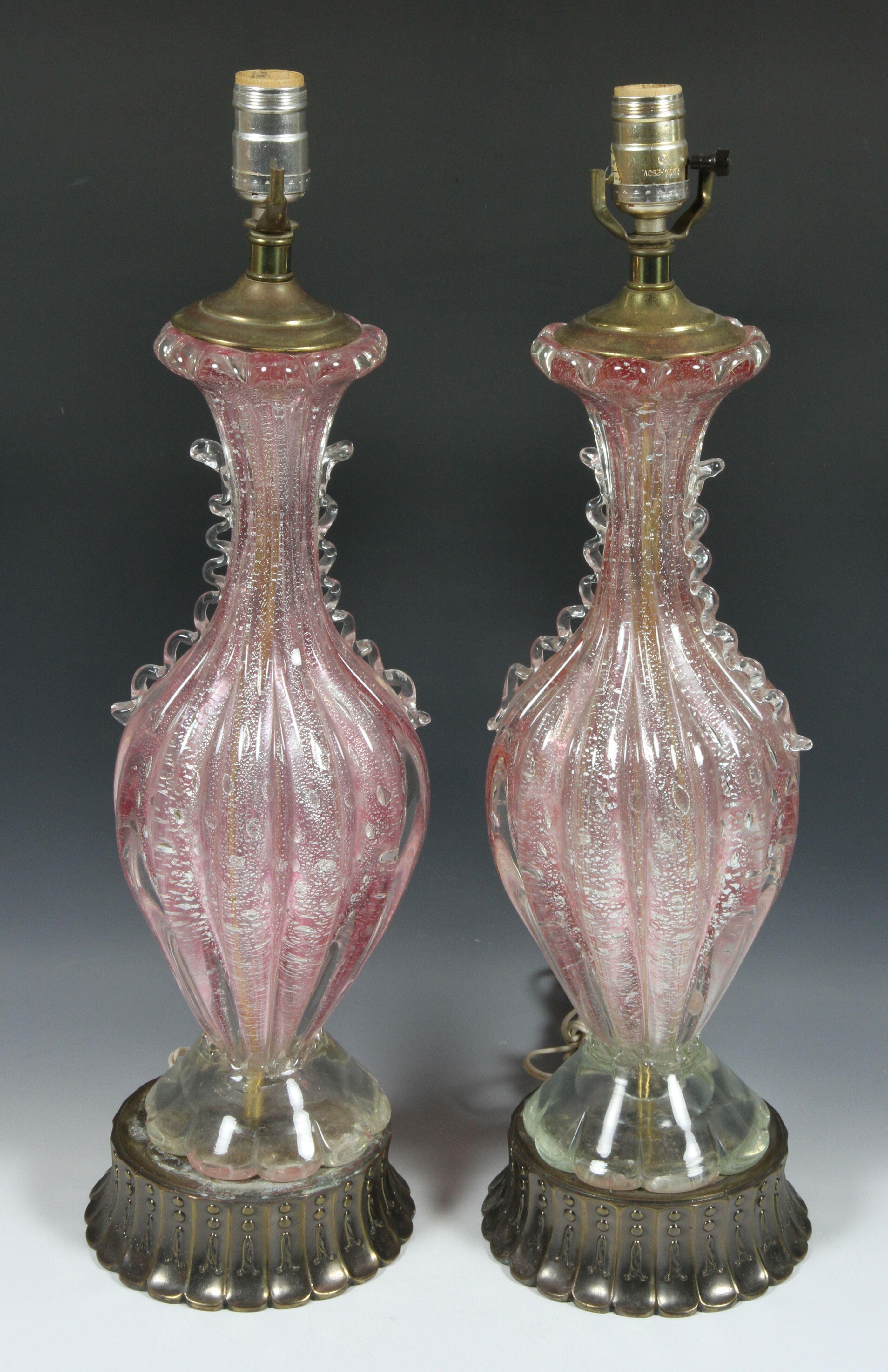 Hand-Crafted Pink Italian Murano Glass Table Lamps For Sale