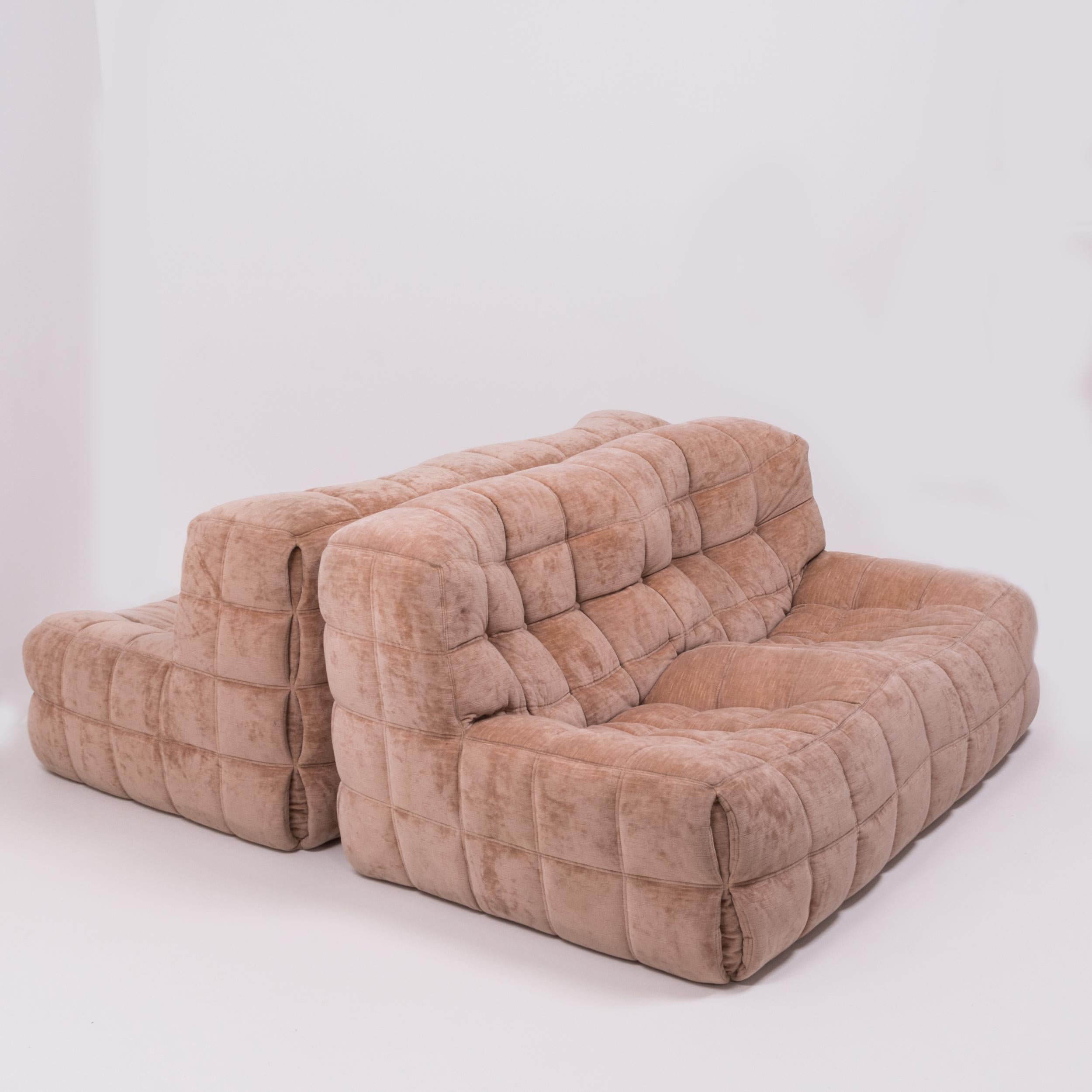 Designed by Michel Ducaroy for Ligne Roset, the Kashima is built for laid back comfort and style.
 
Constructed solely from foam, the pair of sofas have a boxy silhouette and are upholstered in tufted pale salmon velvet.