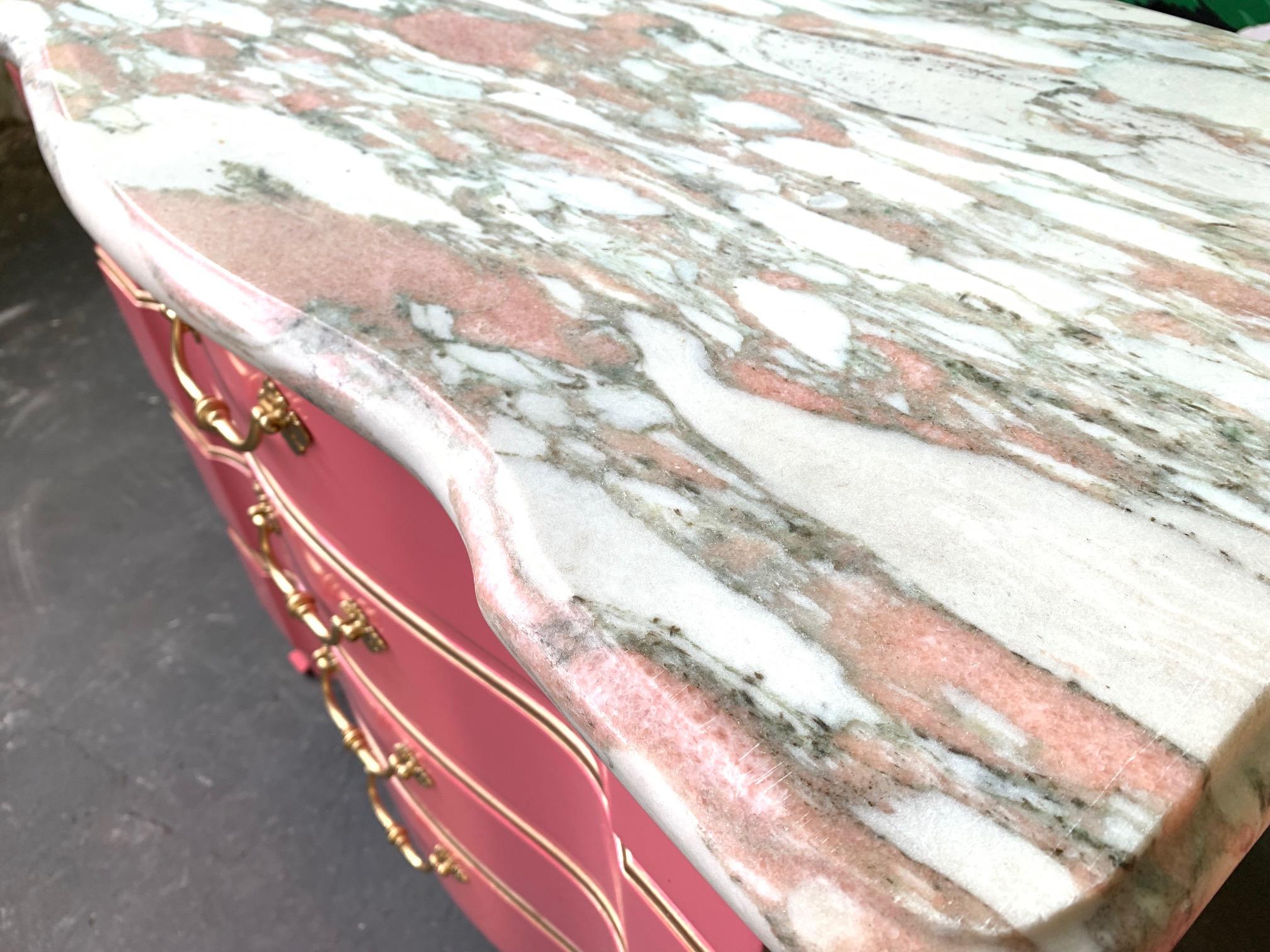 American Pair of Pink Lacquered Marble-Top French Provincial Dressers by John Widdicomb