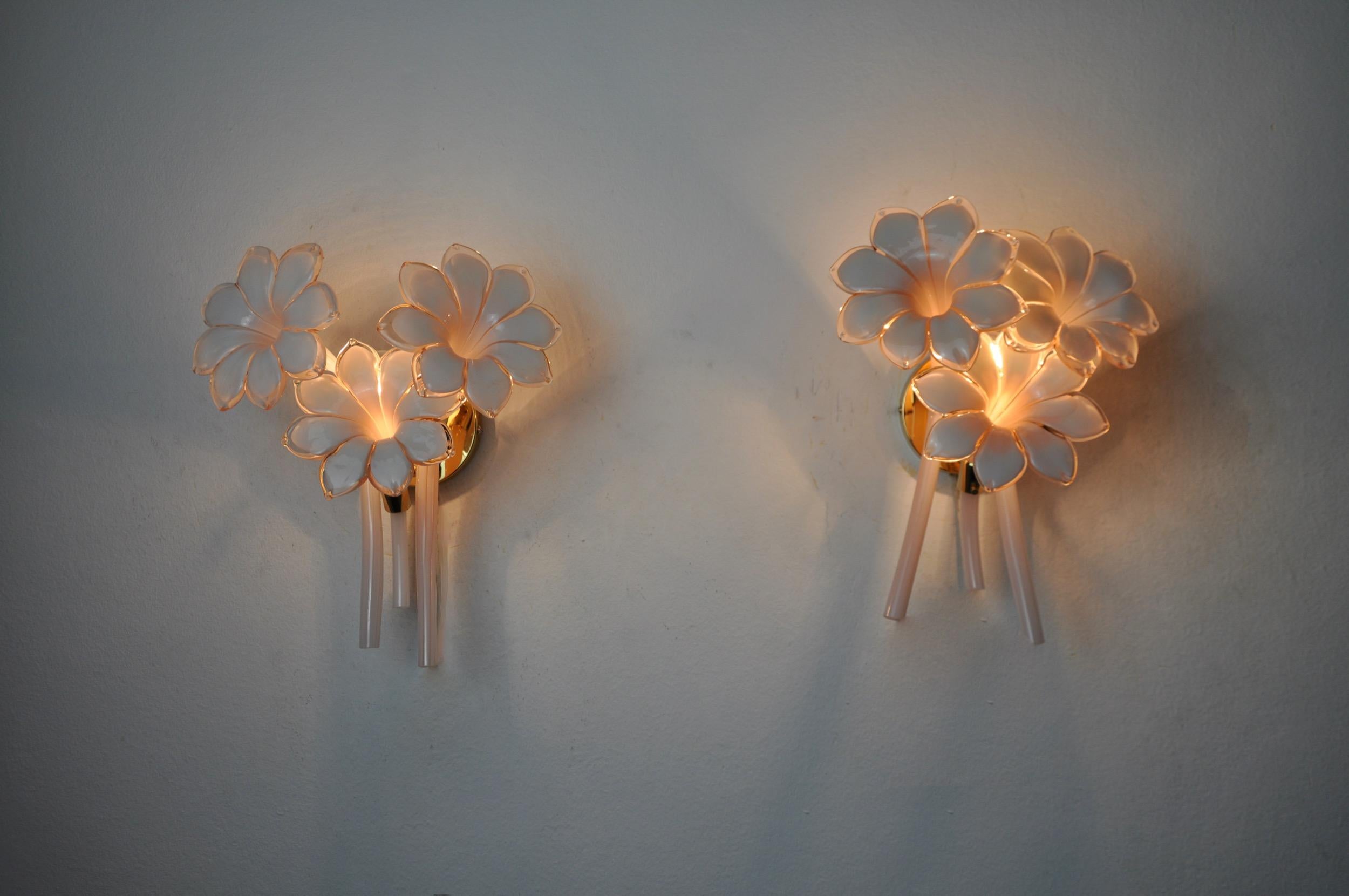 Late 20th Century Pair of pink Lily cala sconces, murano glass, Italy, 1970
