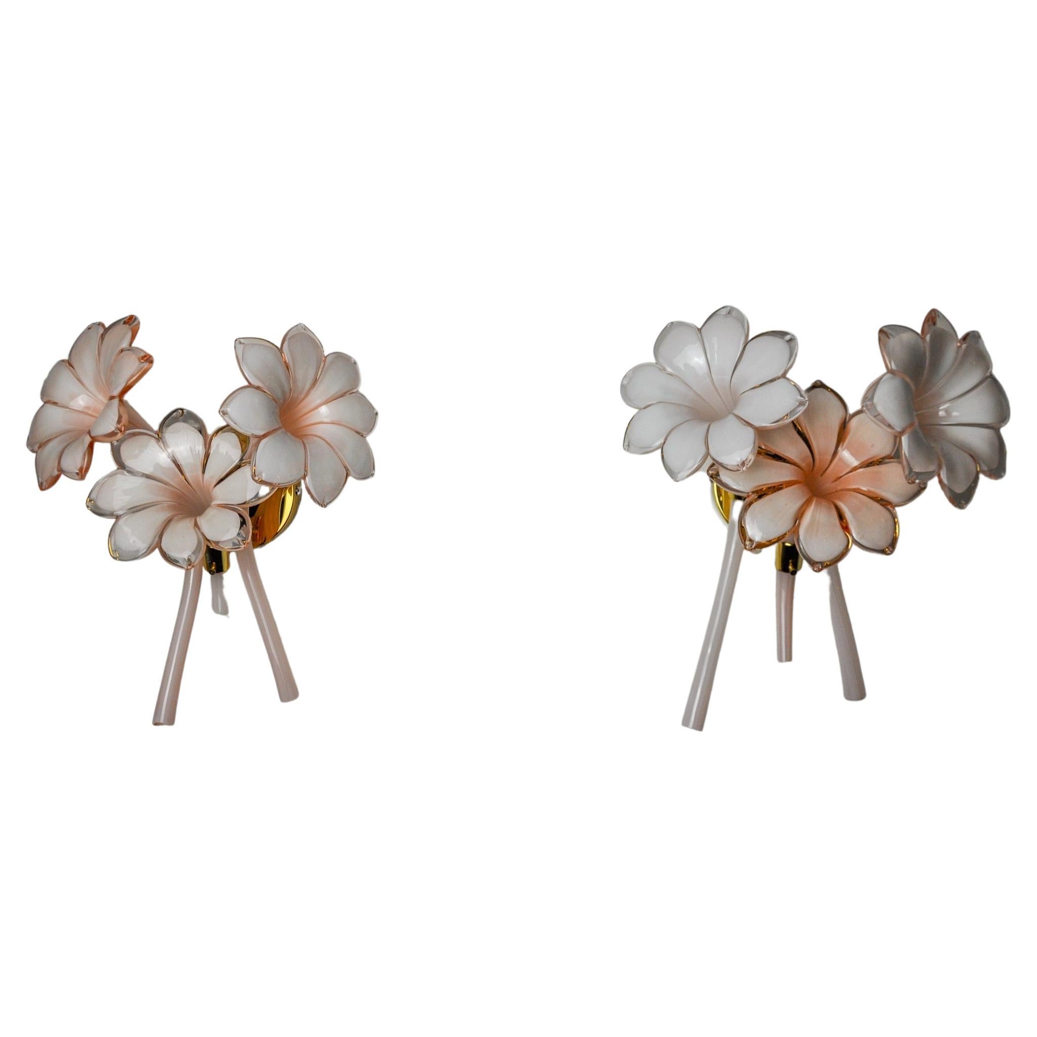 Pair of pink lily cala sconces, murano glass, Italy, 1970 For Sale