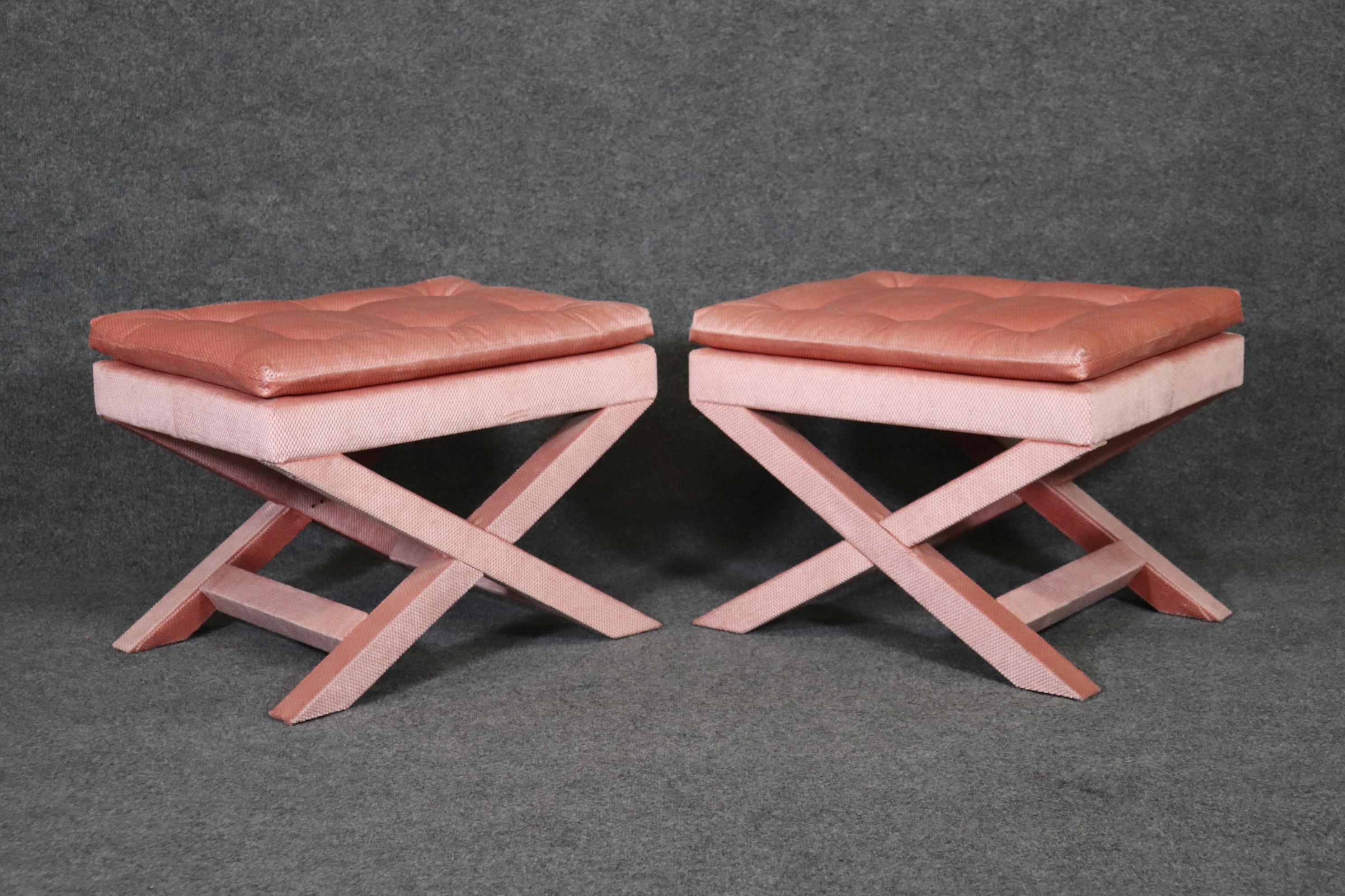 Hollywood Regency Pair of Pink Mid Century Dorothy Draper Style Upholstered X Benches