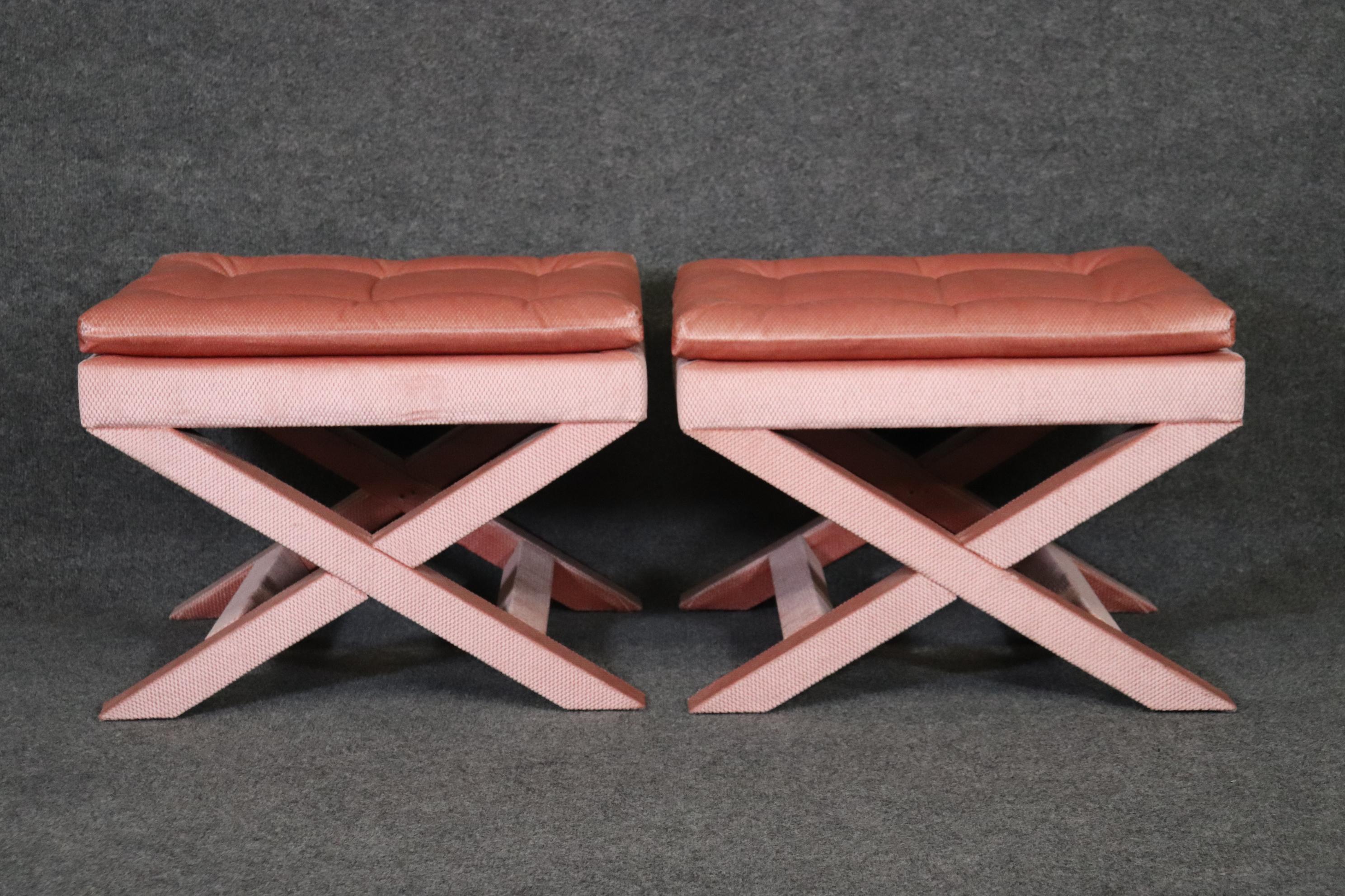 Unknown Pair of Pink Mid Century Dorothy Draper Style Upholstered X Benches