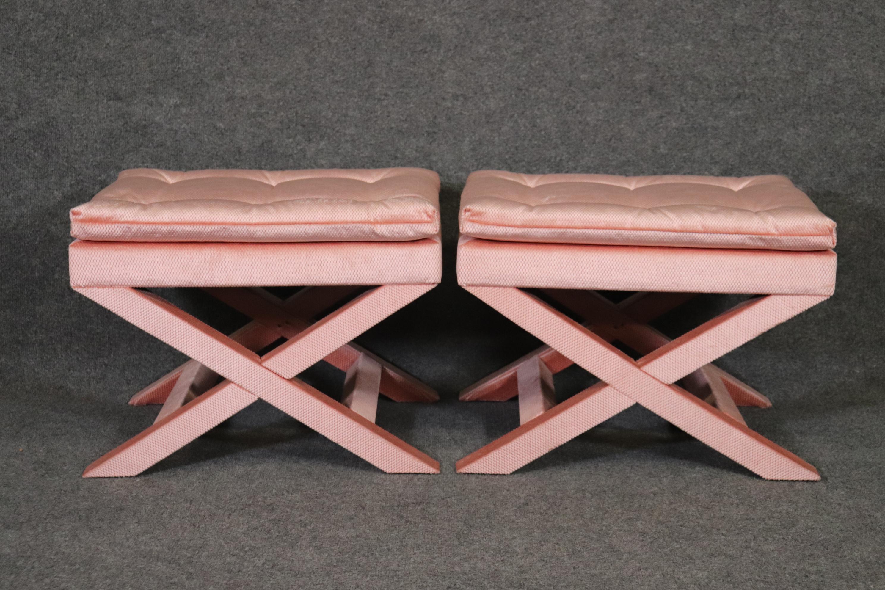 Pair of Pink Mid Century Dorothy Draper Style Upholstered X Benches 1