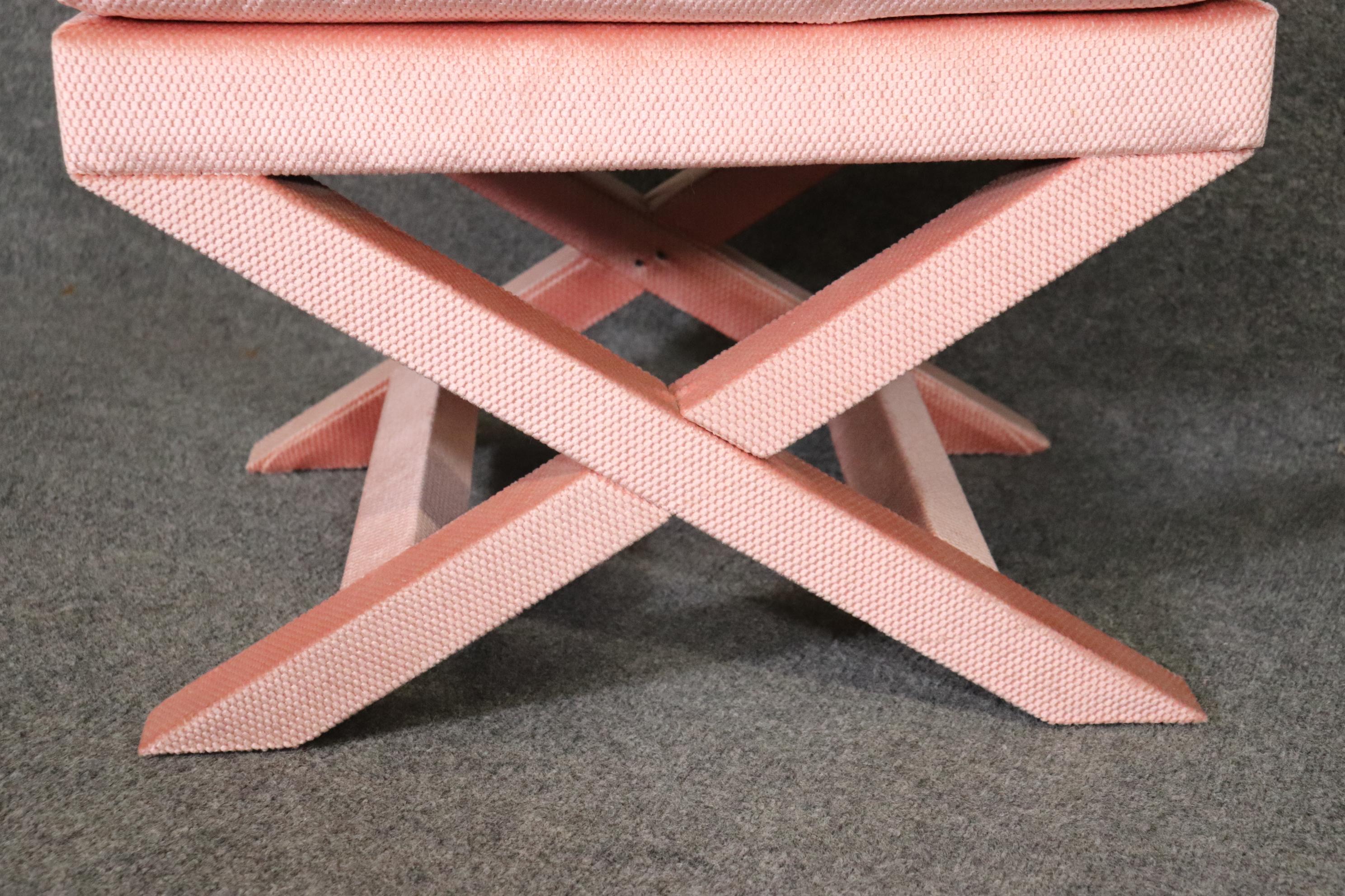 Pair of Pink Mid Century Dorothy Draper Style Upholstered X Benches 2