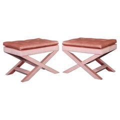 Pair of Pink Mid Century Modern Dorothy Draper Style Upholstered X Benches