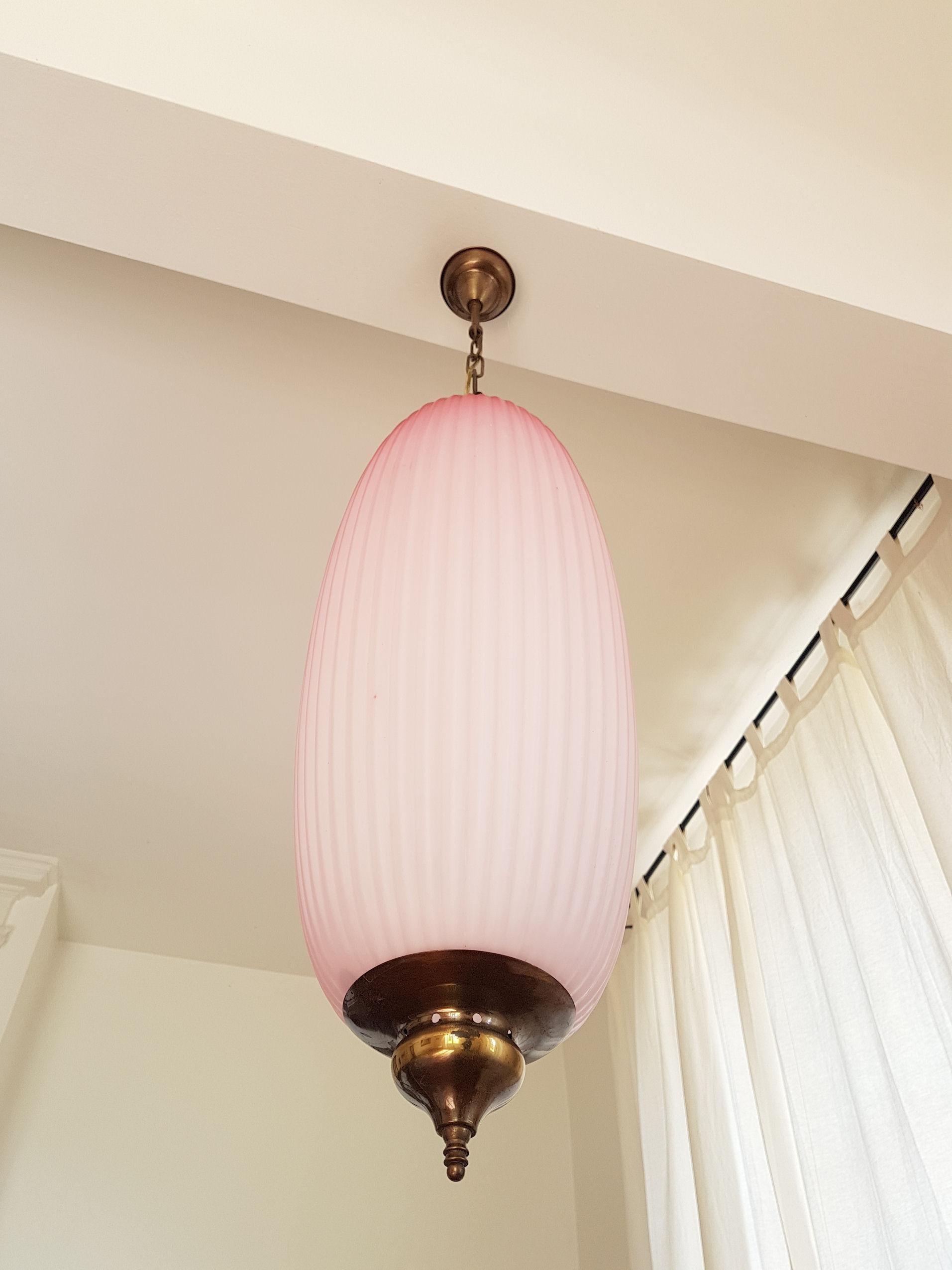 Italian Pair of Pink Mid-Century Modern Glass Chandeliers, Caccia Dominioni Style, 1960s