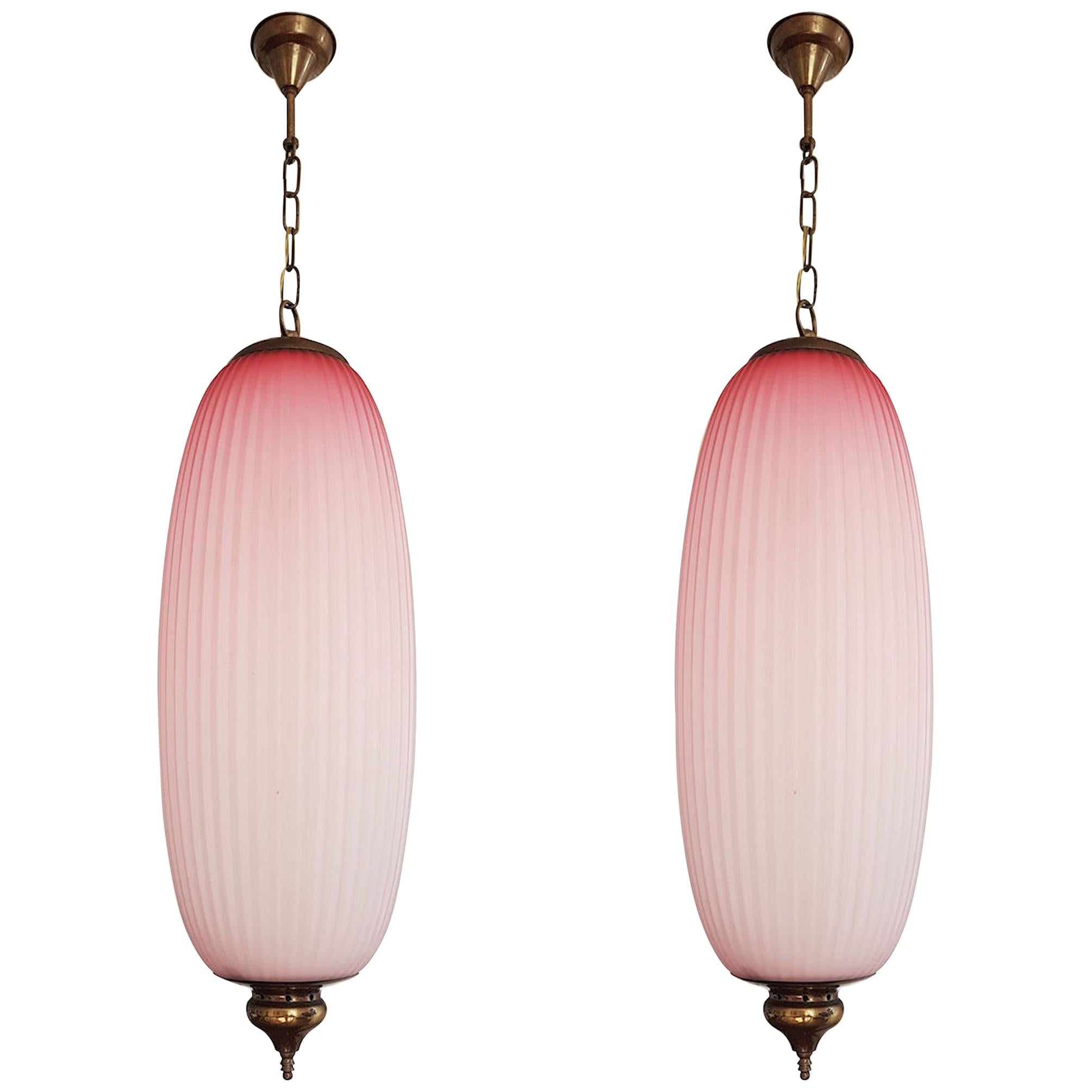 Pair of Pink Mid-Century Modern Glass Chandeliers, Caccia Dominioni Style, 1960s