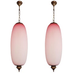 Pair of Pink Mid-Century Modern Glass Chandeliers, Caccia Dominioni Style, 1960s