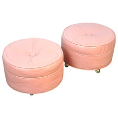 Pair of Pink Midcentury Rolling Ottomans