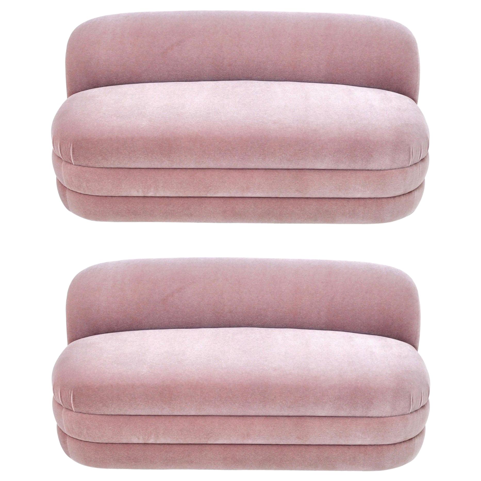 Pair of Pink Mohair Settees by Directional Furniture
