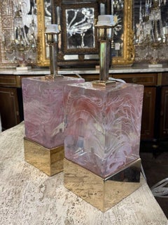 Pair of Pink Murano Glass and Brass Block Mirrors