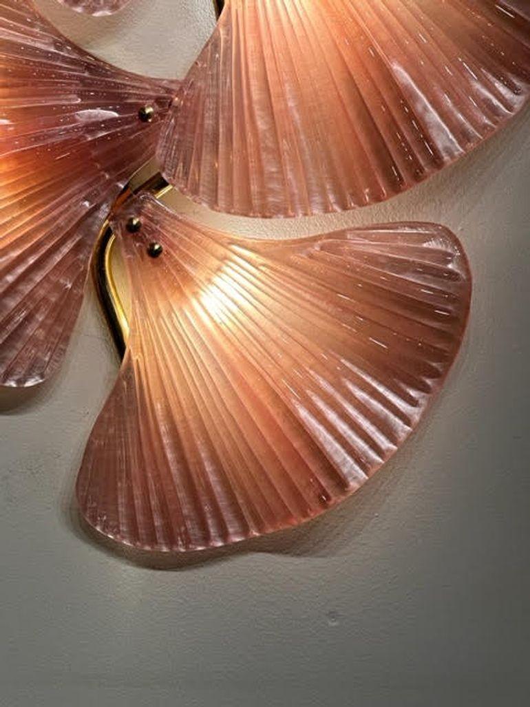 Italian Pair of Pink Murano Glass and Brass Fan Sconces For Sale