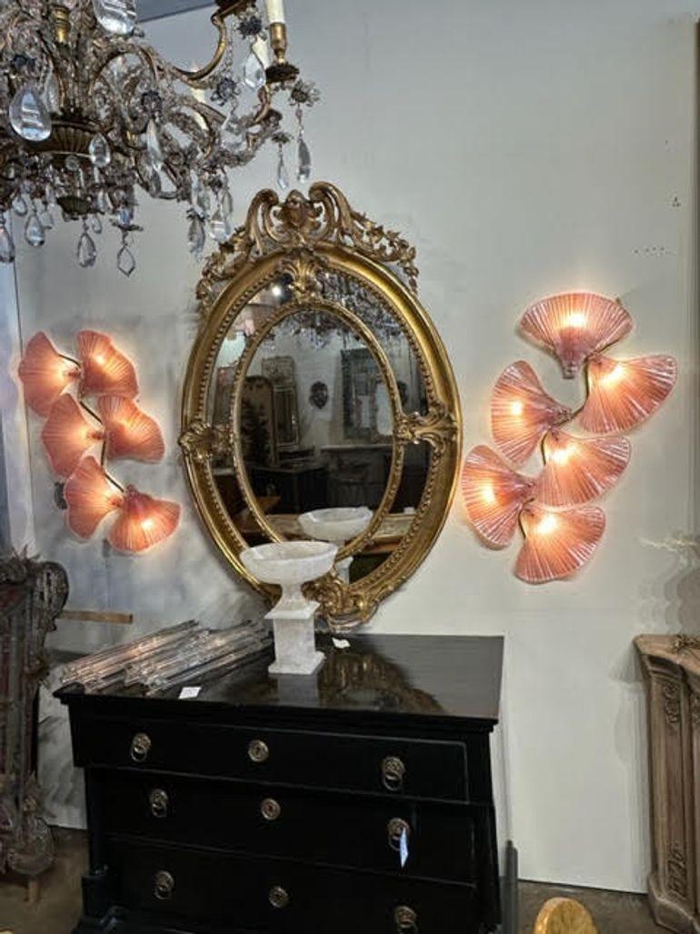Contemporary Pair of Pink Murano Glass and Brass Fan Sconces For Sale