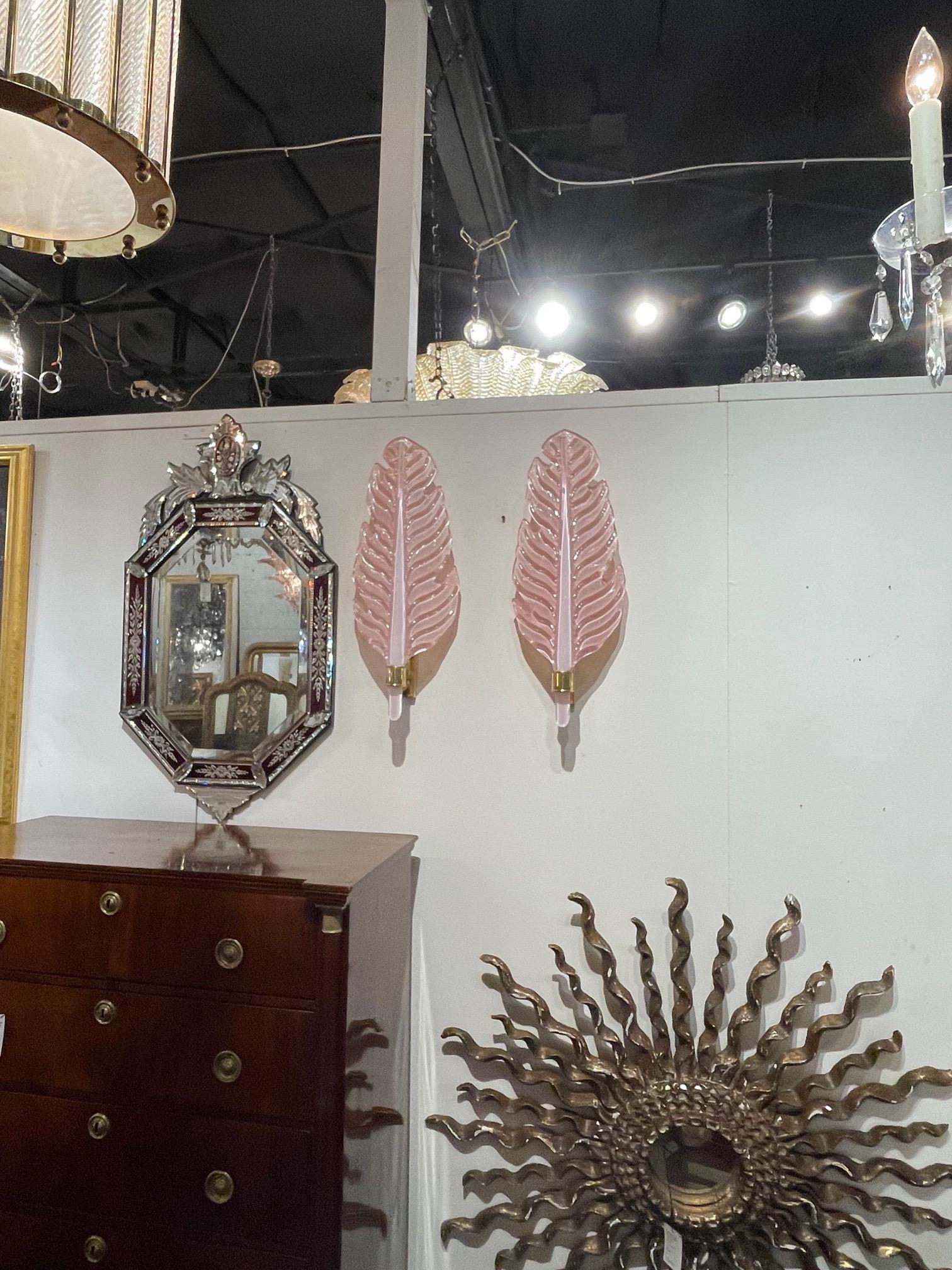Italian Pair of Pink Murano Glass and Brass Leaf Form Wall Sconces For Sale
