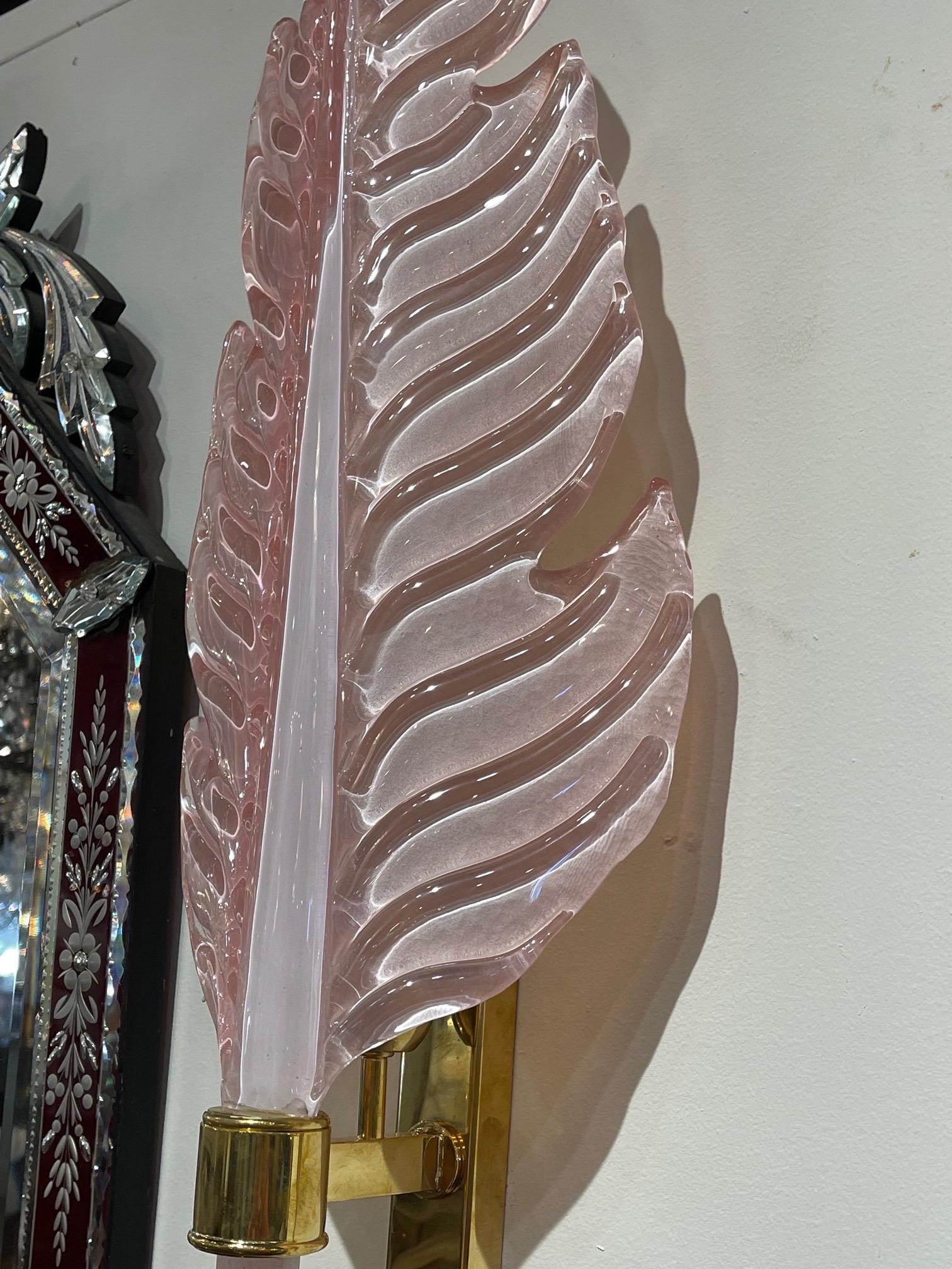 Contemporary Pair of Pink Murano Glass and Brass Leaf Form Wall Sconces For Sale