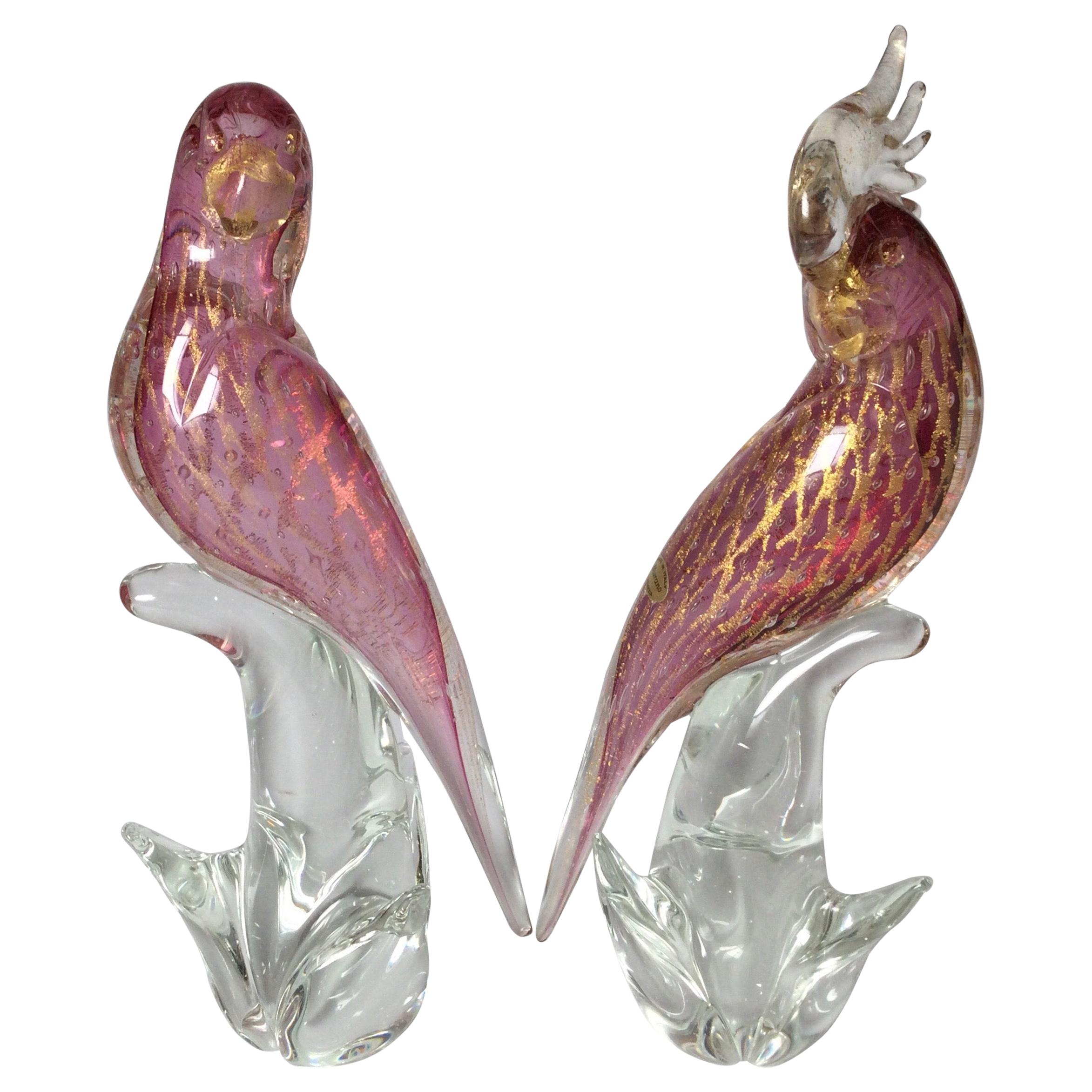 Pair of Pink Murano Glass Birds Signed S. Frattin 