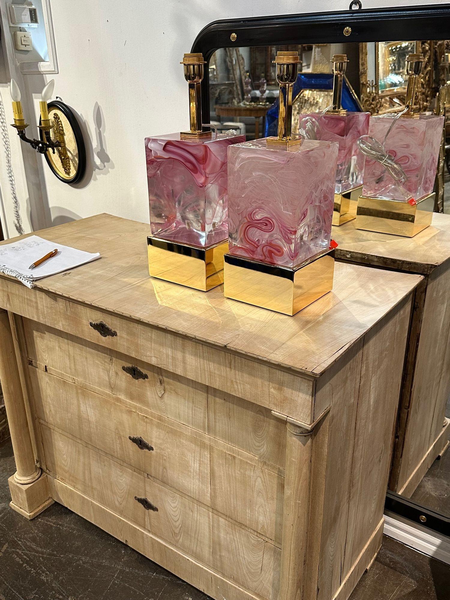 Great pair of modern Murano pink glass and brass block lamps. Circa 2000. A favorite of top designers.