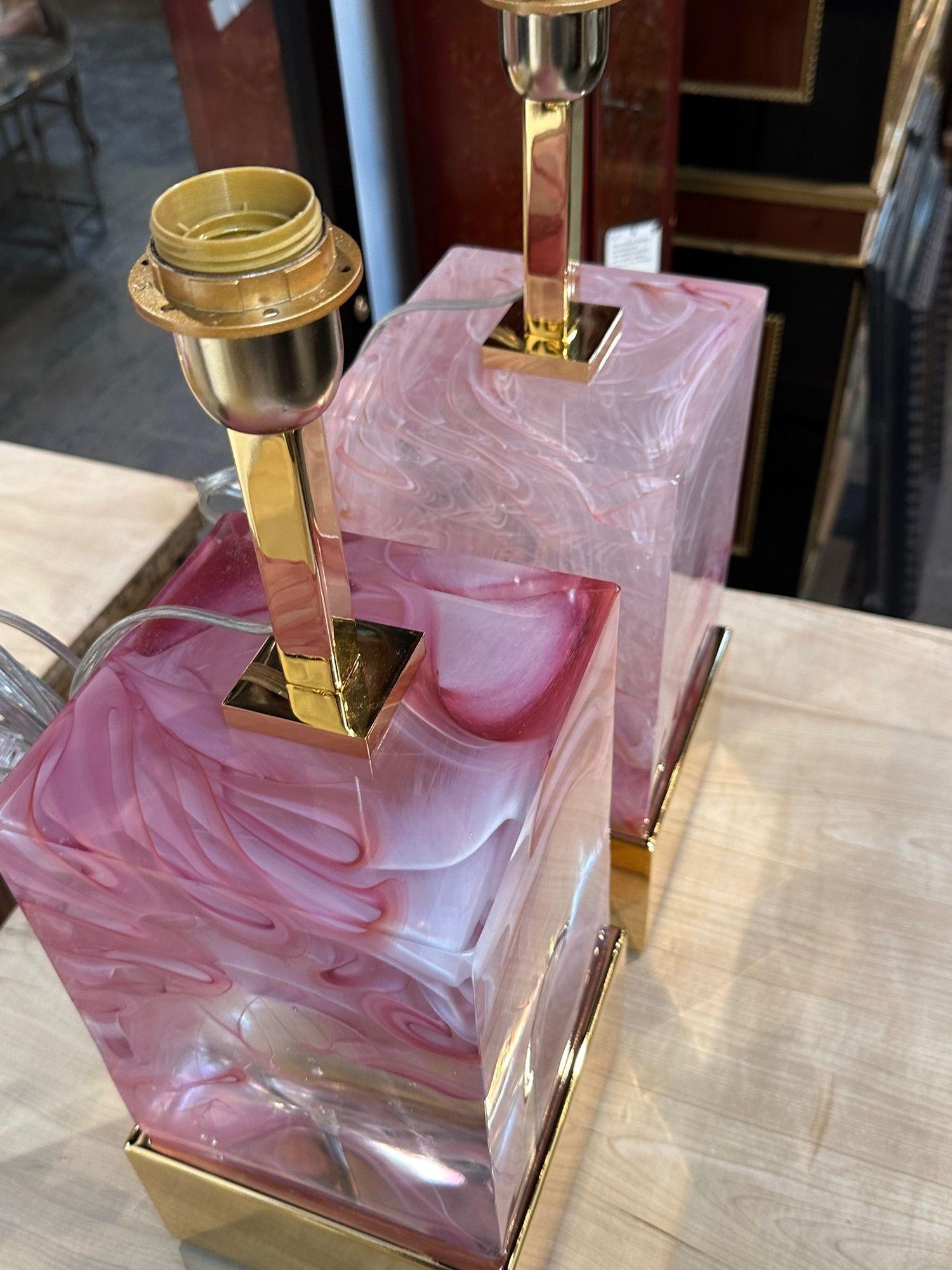 Brass Pair of Pink Murano Glass Block Lamps For Sale