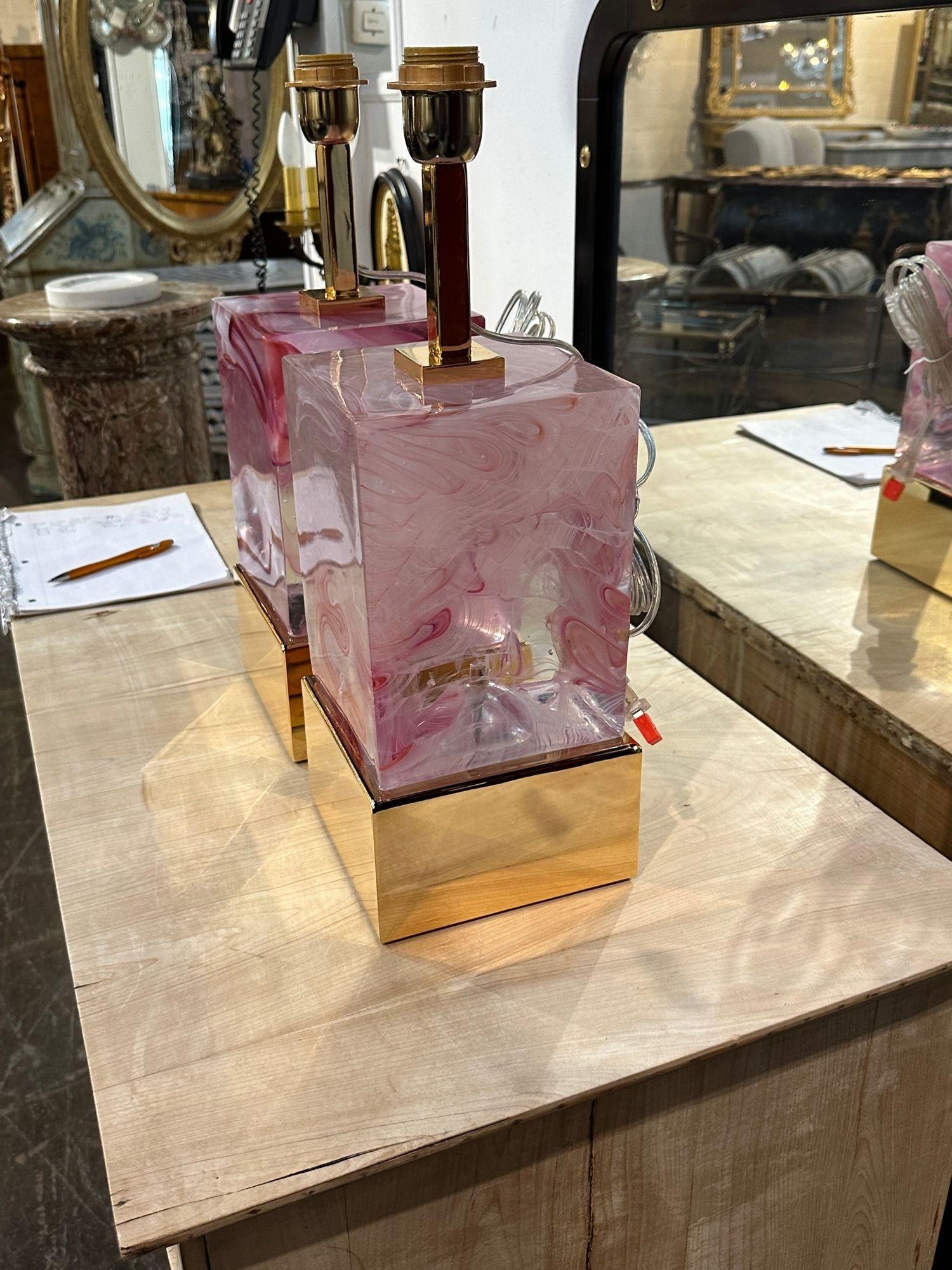 Pair of Pink Murano Glass Block Lamps For Sale 1