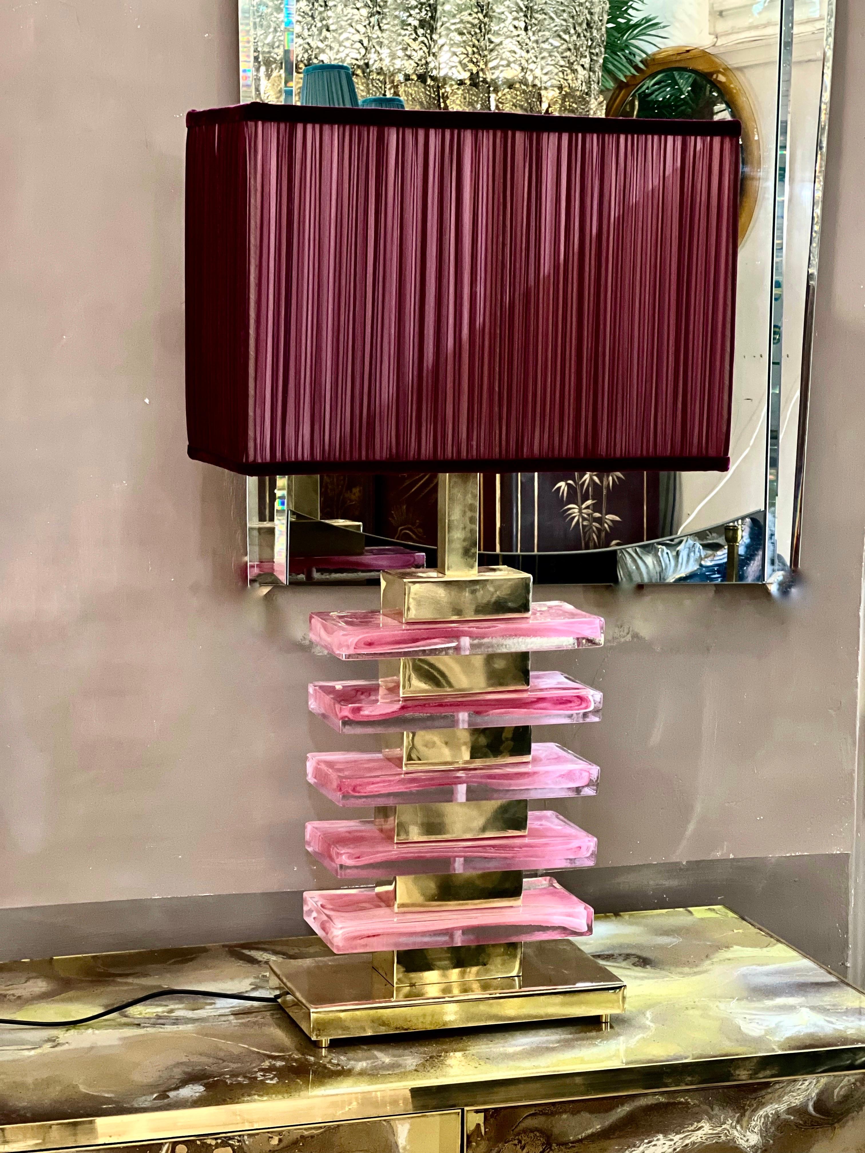 Pair of Pink Murano Glass Blocks Lamps and Our Handcrafted Lampshades, 1970s 4