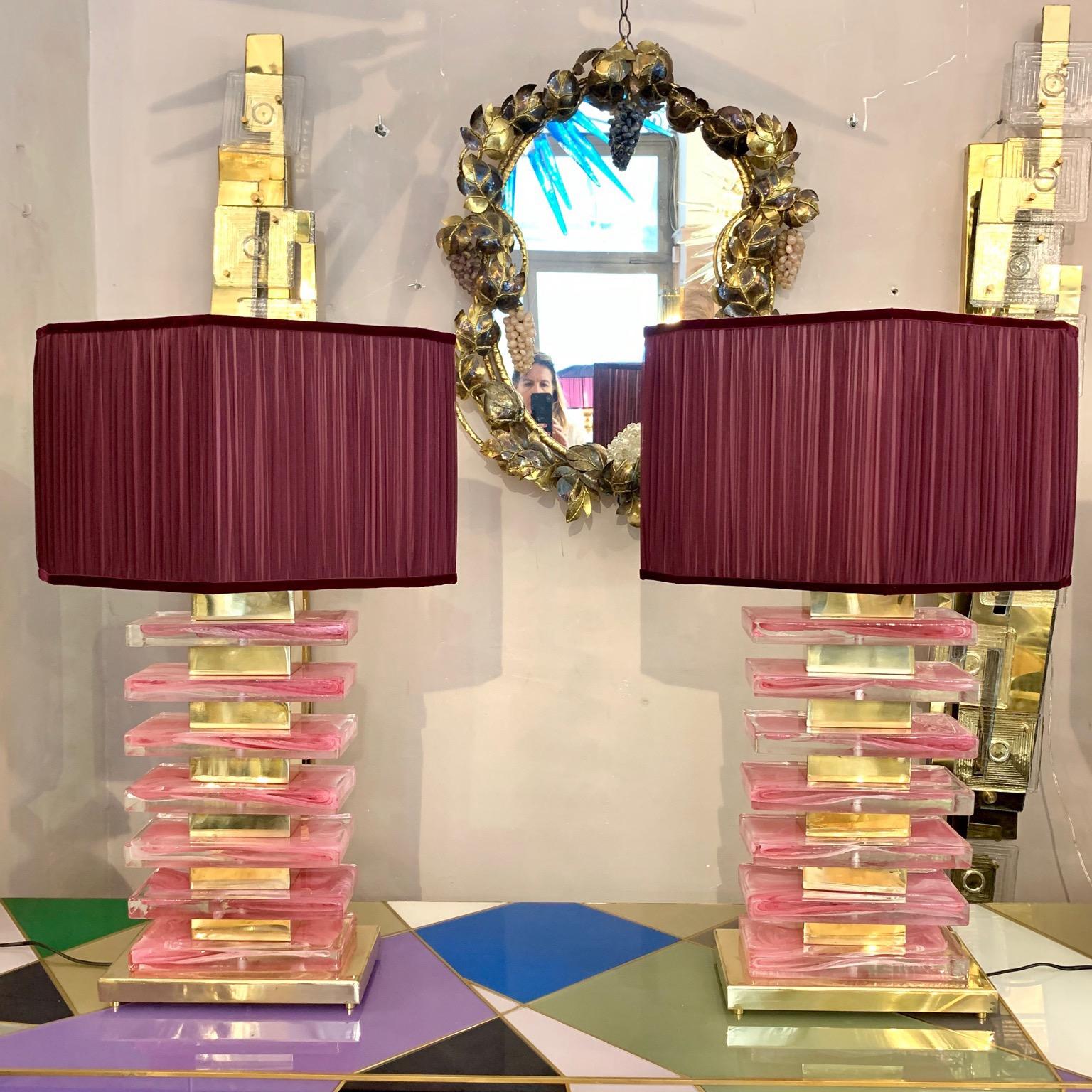 Pair of Pink Murano Glass Blocks Lamps and Our Handcrafted Lampshades, 1970s 9