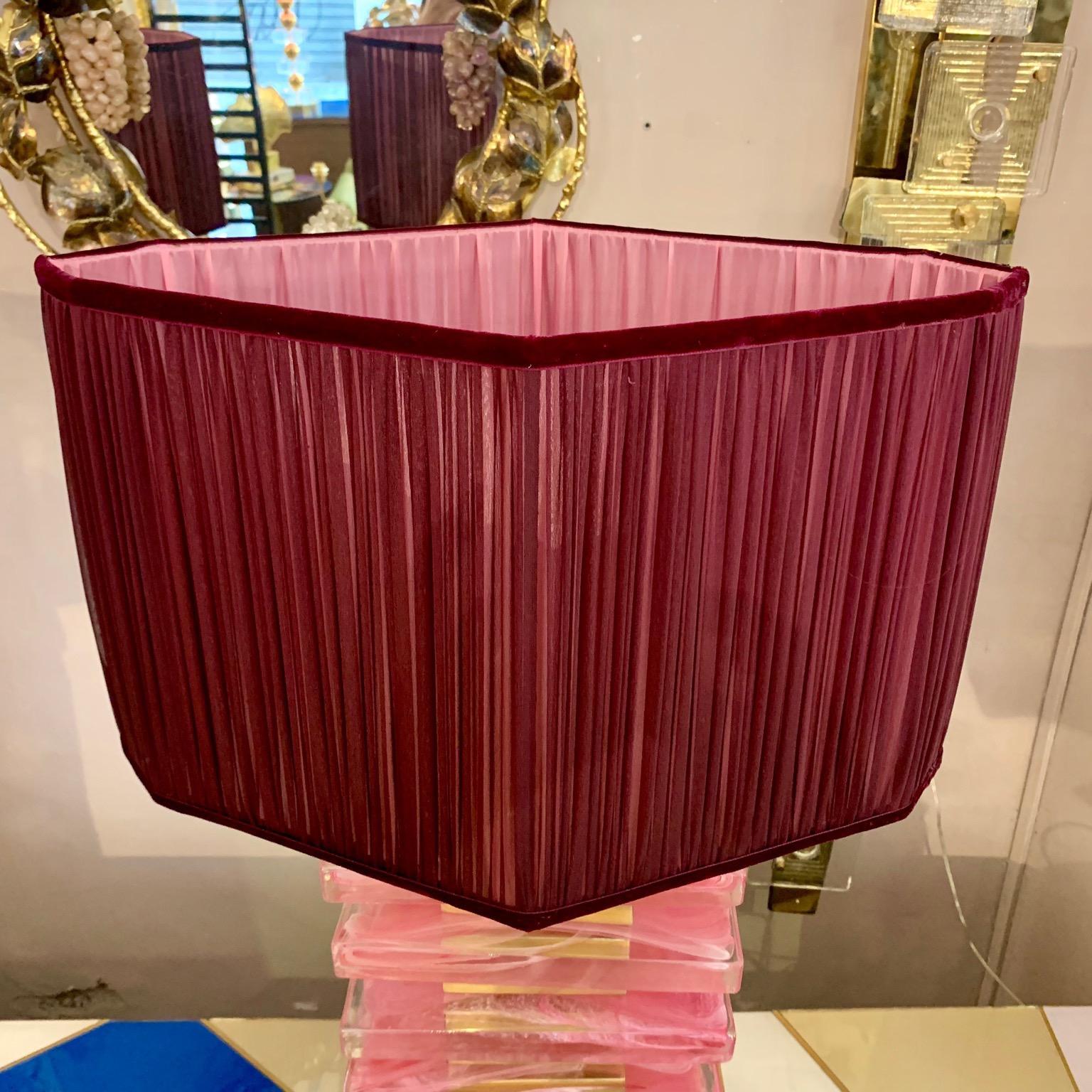 Pair of Pink Murano Glass Blocks Lamps and Our Handcrafted Lampshades, 1970s 10