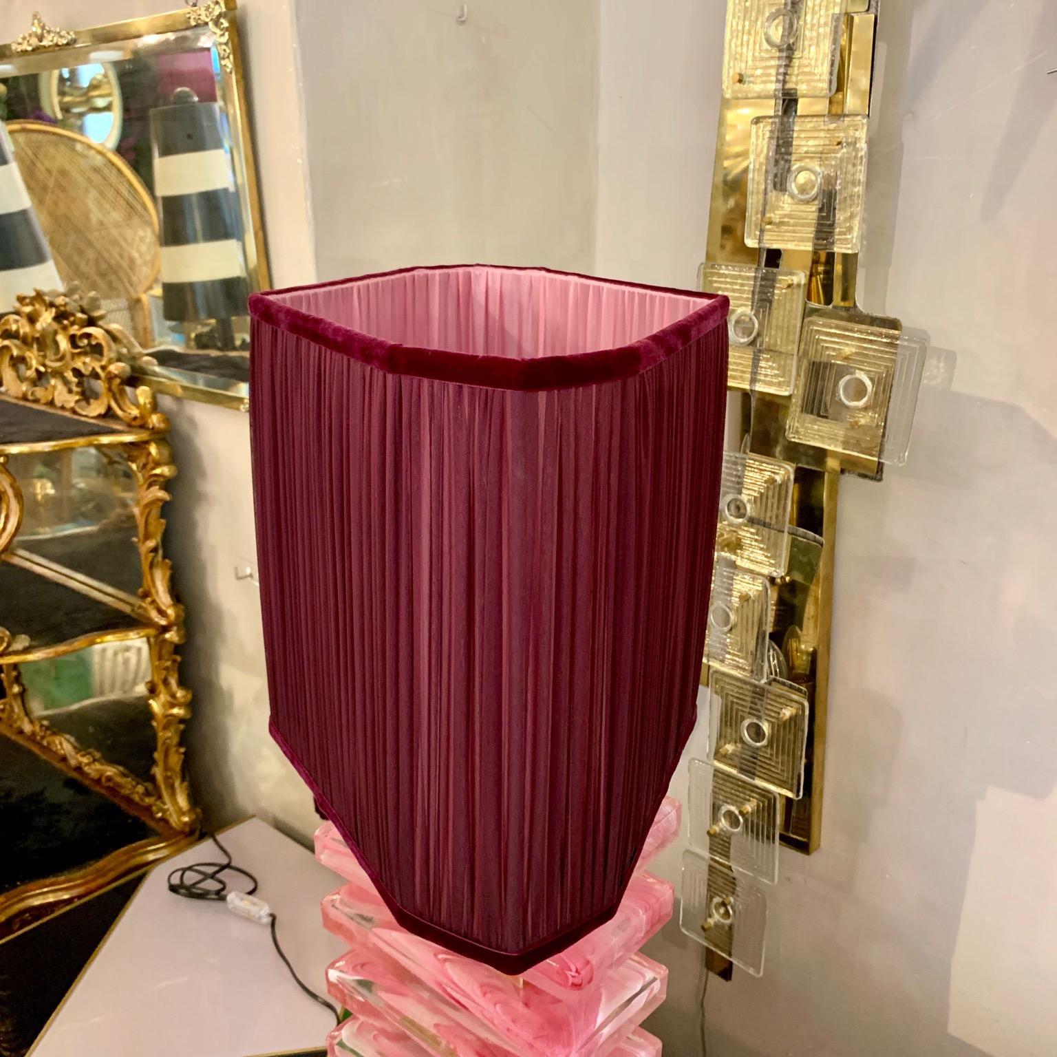 Pair of Pink Murano Glass Blocks Lamps and Our Handcrafted Lampshades, 1970s 11