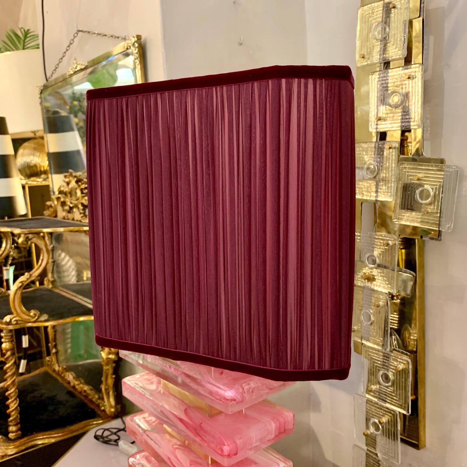 Pair of Pink Murano Glass Blocks Lamps and Our Handcrafted Lampshades, 1970s 12