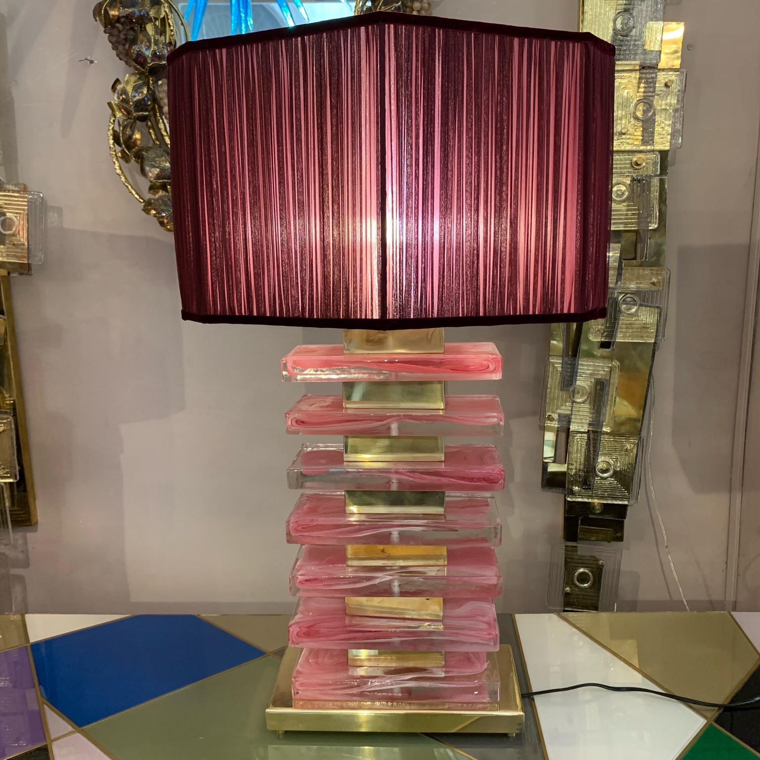 Mid-Century Modern Pair of Pink Murano Glass Blocks Lamps and Our Handcrafted Lampshades, 1970s