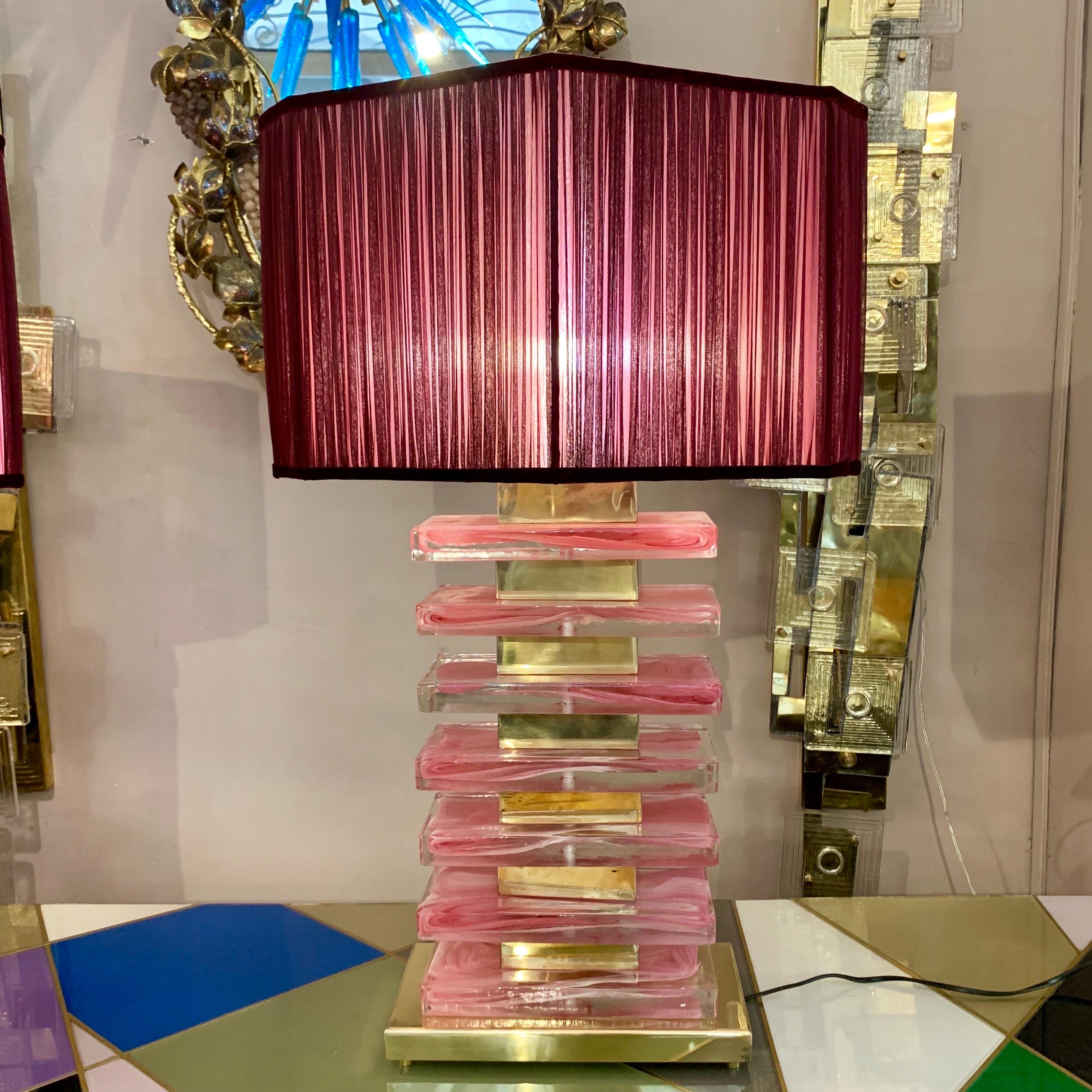 Pair of Pink Murano Glass Blocks Lamps and Our Handcrafted Lampshades, 1970s In Excellent Condition In Florence, IT