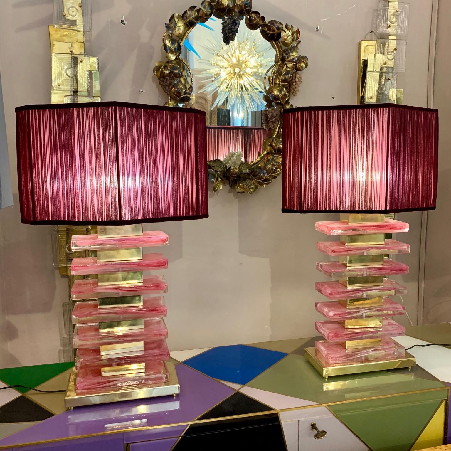 Pair of Pink Murano Glass Blocks Lamps and Our Handcrafted Lampshades, 1970s In Excellent Condition In Florence, IT