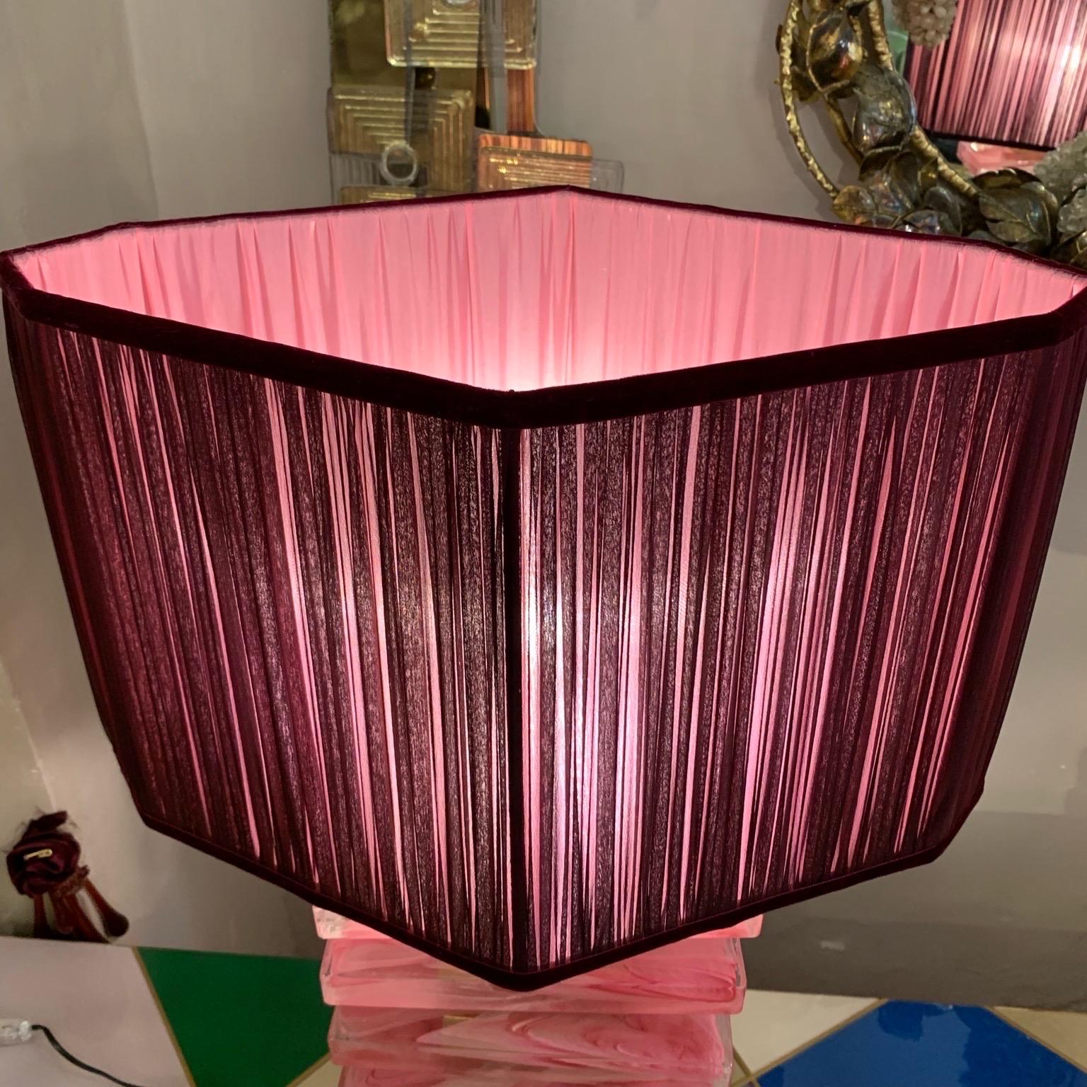 Pair of Pink Murano Glass Blocks Lamps and Our Handcrafted Lampshades, 1970s 2