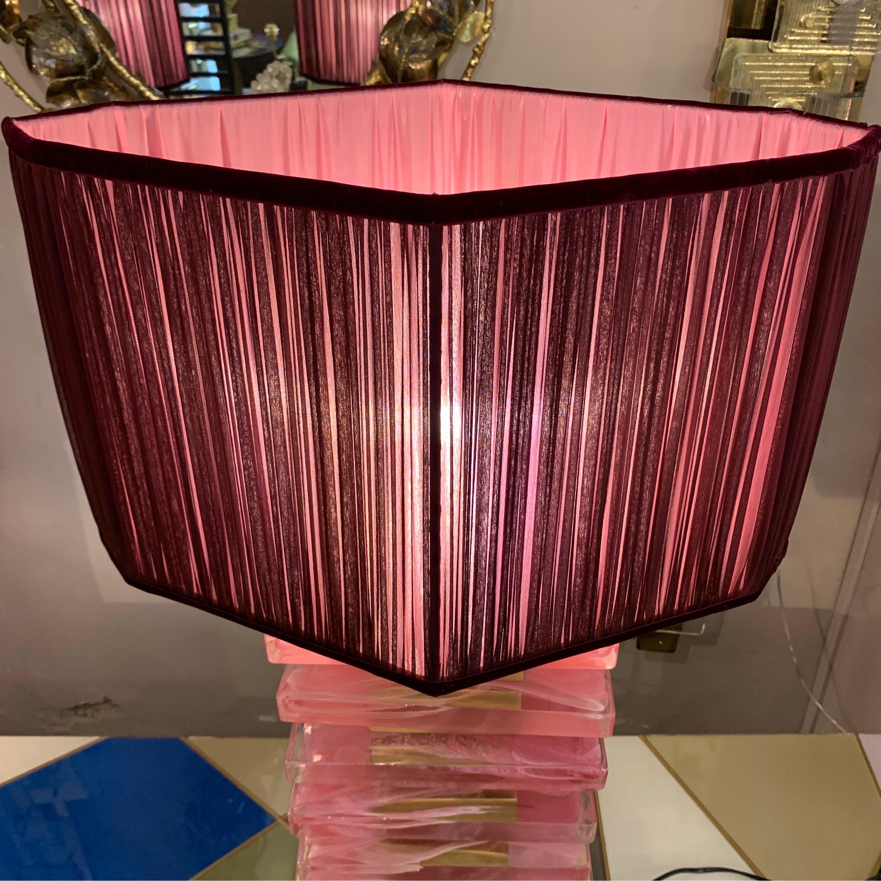 Pair of Pink Murano Glass Blocks Lamps and Our Handcrafted Lampshades, 1970s For Sale 3
