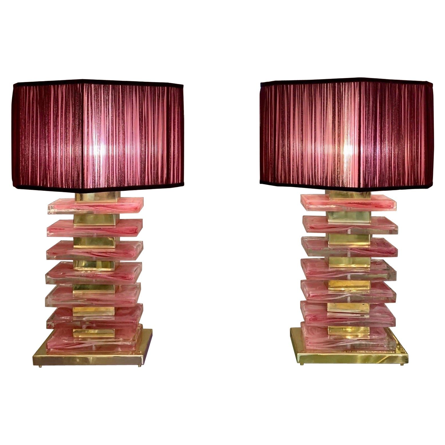 Paire de lampes en verre de Murano rose et nos abat-jours artisanaux, années 1970