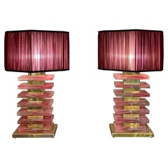 Pair of Pink Murano Glass Blocks Lamps and Our Handcrafted Lampshades, 1970s