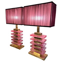 Pair of Pink Murano Glass Blocks Lamps and Our Handcrafted Lampshades, 1970s
