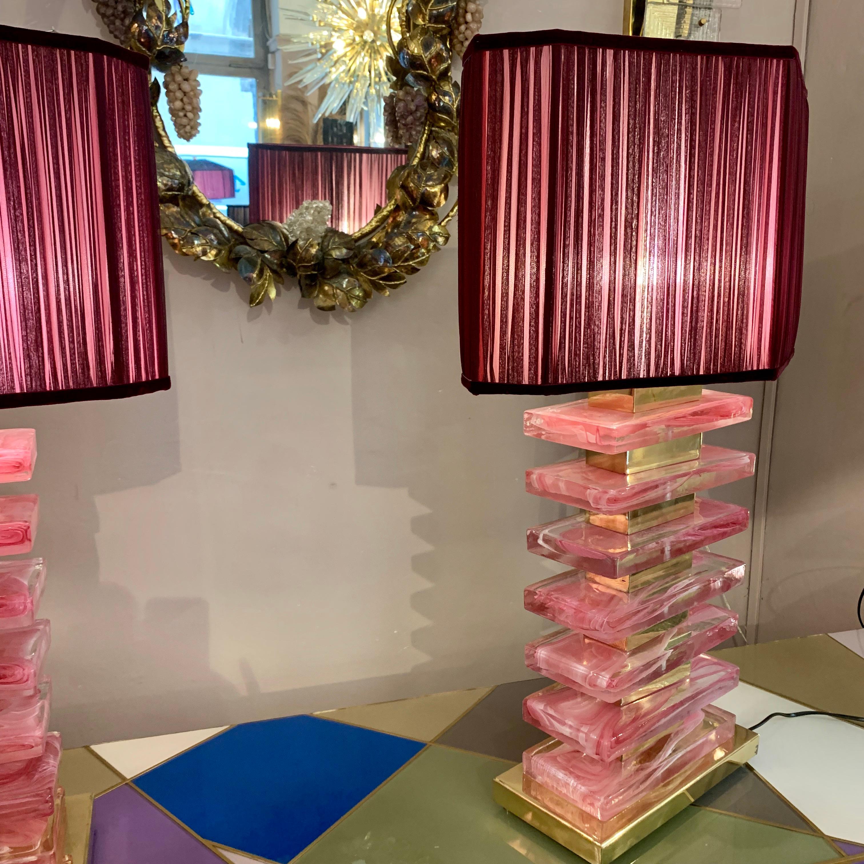 Mid-Century Modern Pair of Pink Murano Glass Blocks Table Lamps and Our Handcrafted Lampshades
