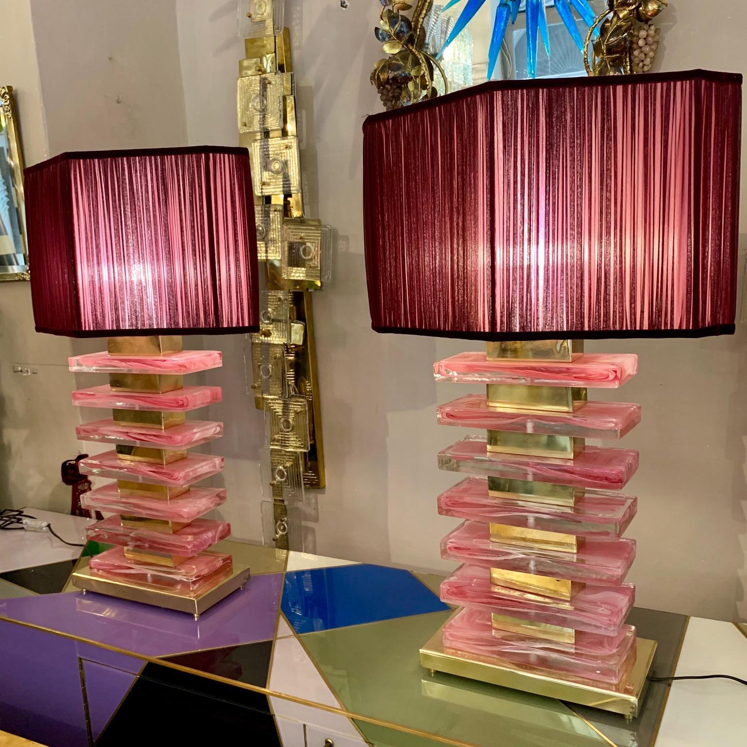 Pair of Pink Murano Glass Blocks Table Lamps and Our Handcrafted Lampshades In Excellent Condition In Florence, IT