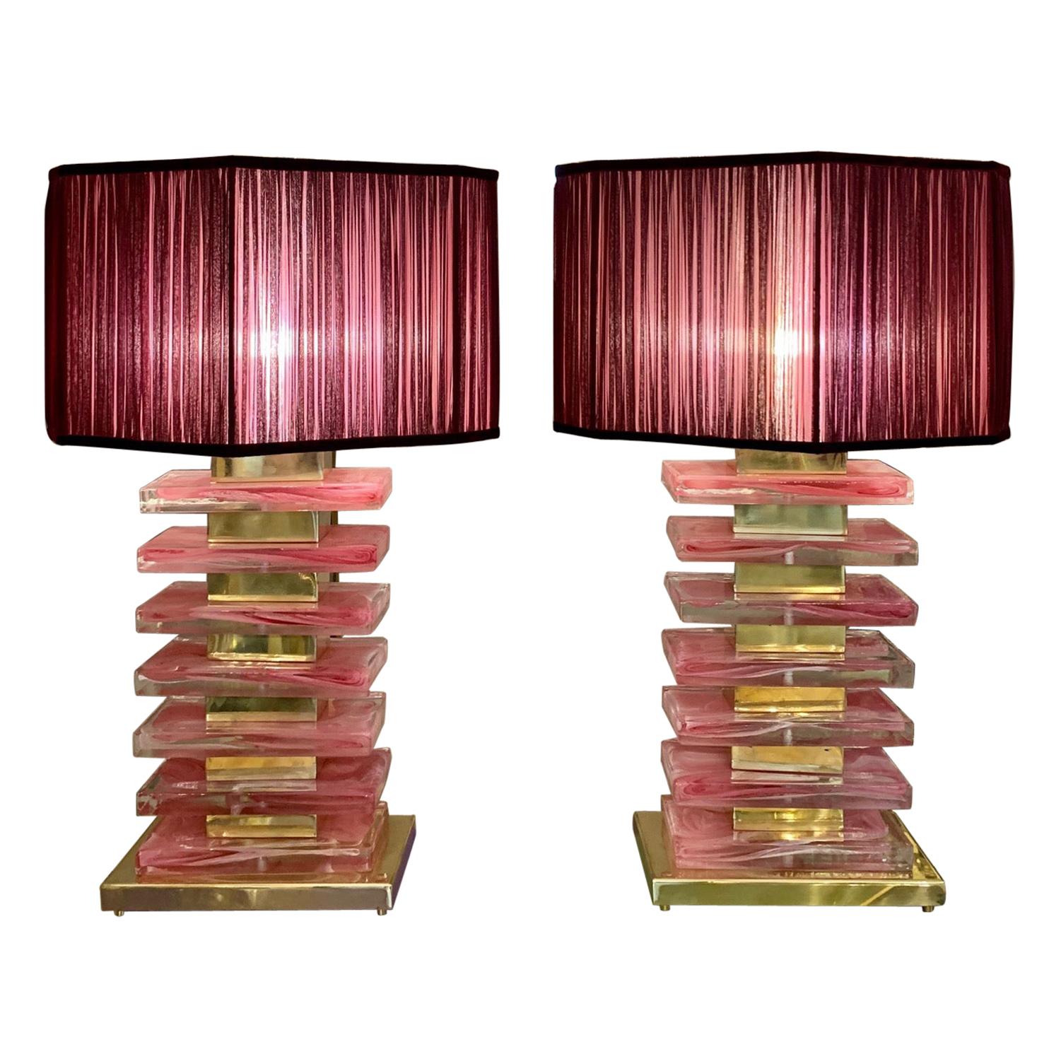 Pair of Pink Murano Glass Blocks Table Lamps and Our Handcrafted Lampshades
