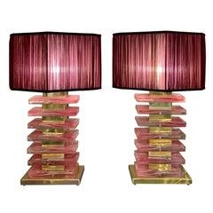 Pair of Pink Murano Glass Blocks Table Lamps and Our Handcrafted Lampshades