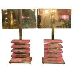 Pair of Pink Murano Glass Blocks Table Lamps with Brass Rectangular Lampshades