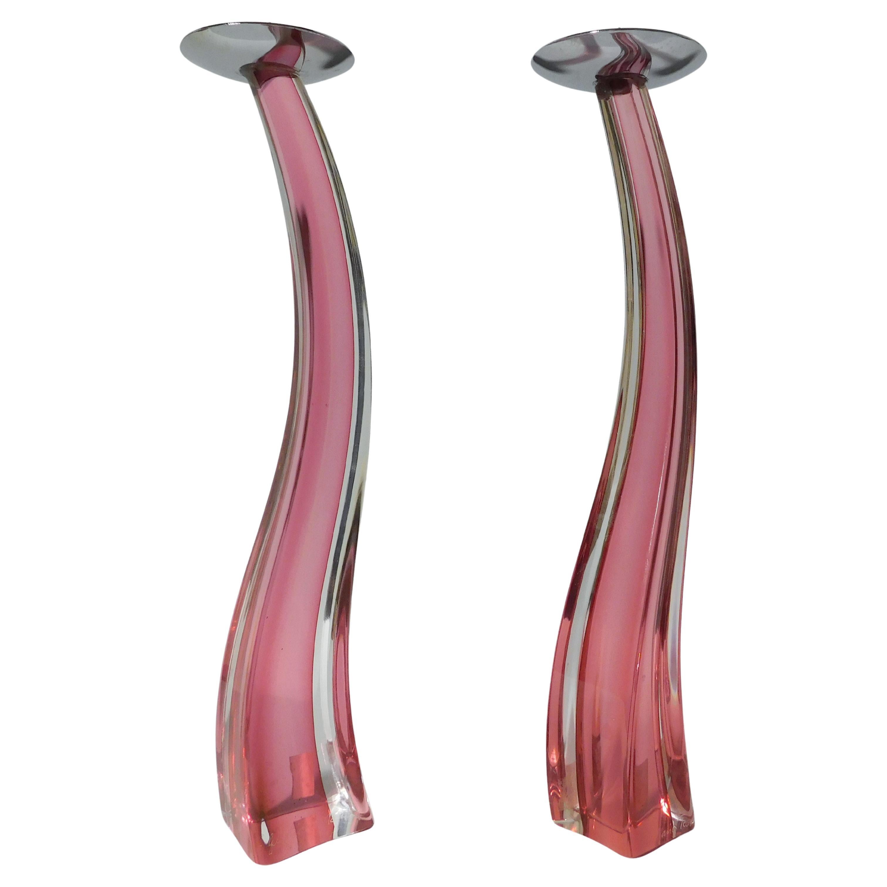 Pair of Pink Murano Glass Candlesticks by Giuliano Tosi