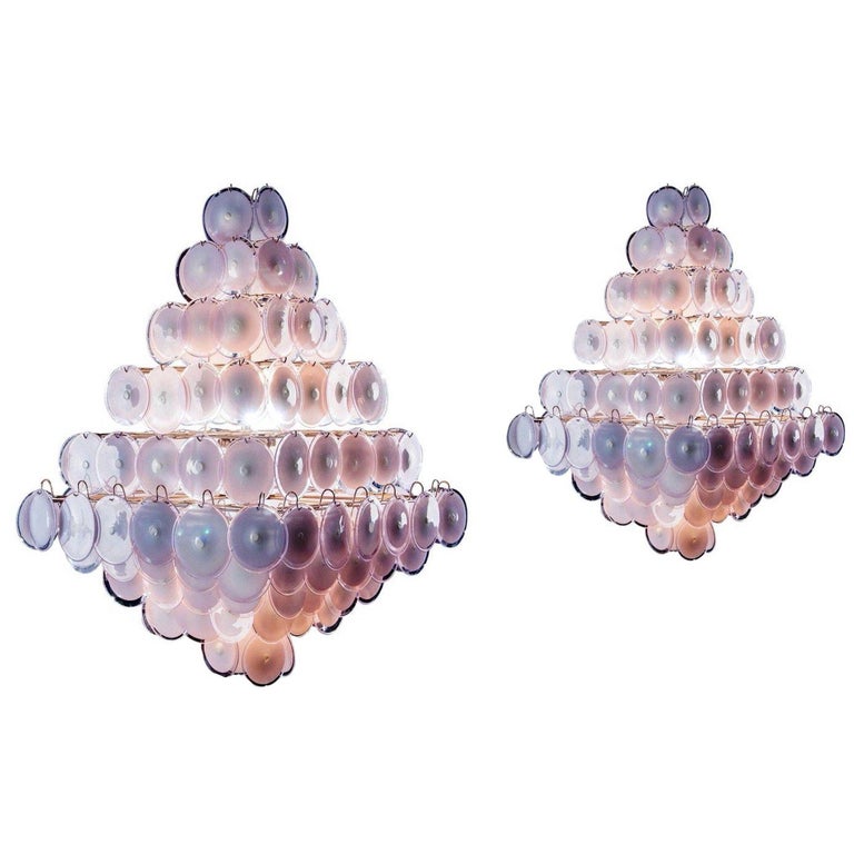 Pair of Pink Murano Glass Disc Chandelier Italian Design by Gino Vistosi, 1970s For Sale